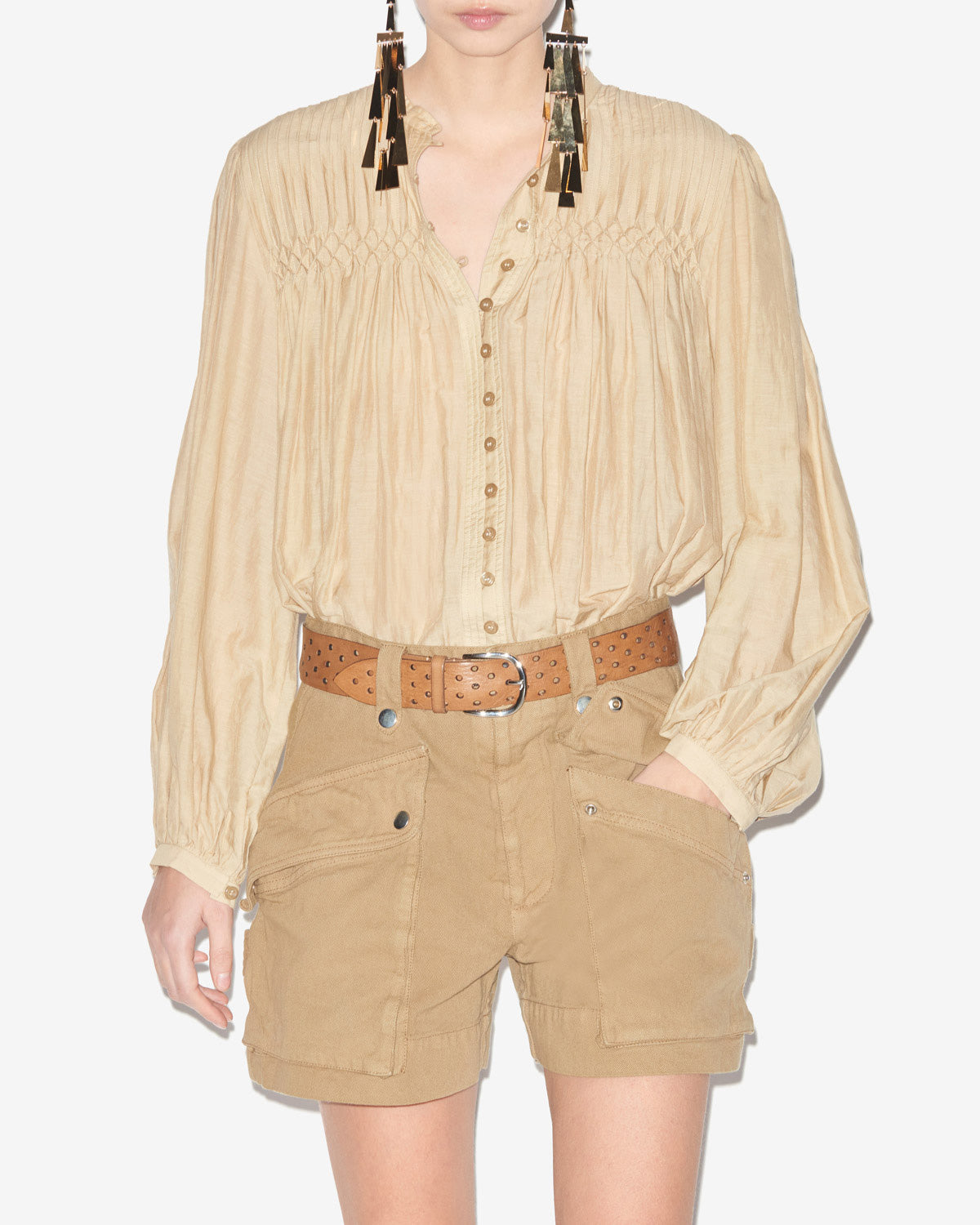 Gesmokte bluse dorothe aus einfarbigem baumwollvoile - Light khaki - Woman - 3