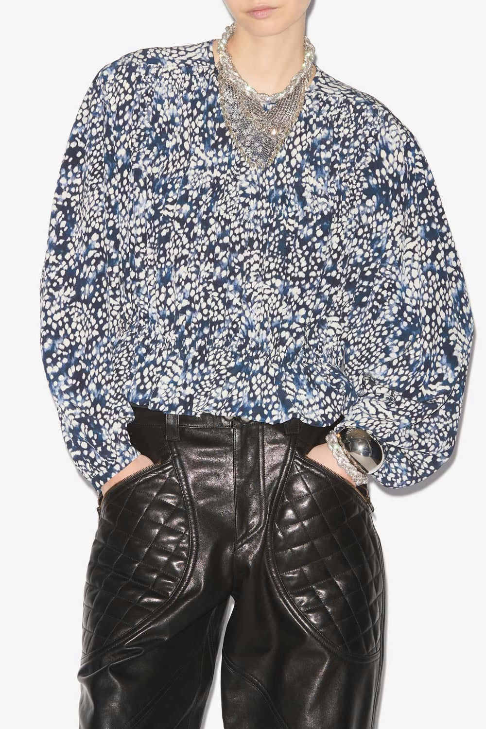 Blusa gelina de crepé de china estampado y fruncido - Midnight-white - Woman - 4