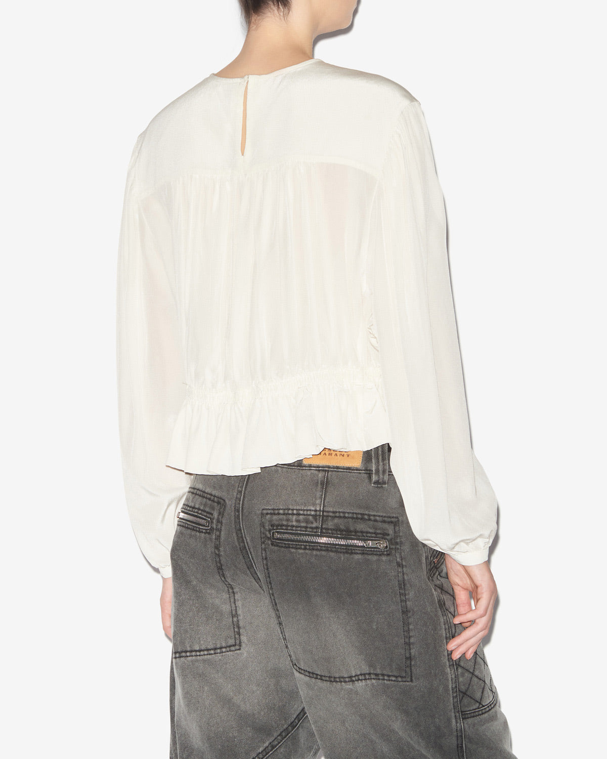 젤리나(gelina) 플레인 크레이프 드 신 개더 주름 블라우스 - 에크루 - Woman - 4