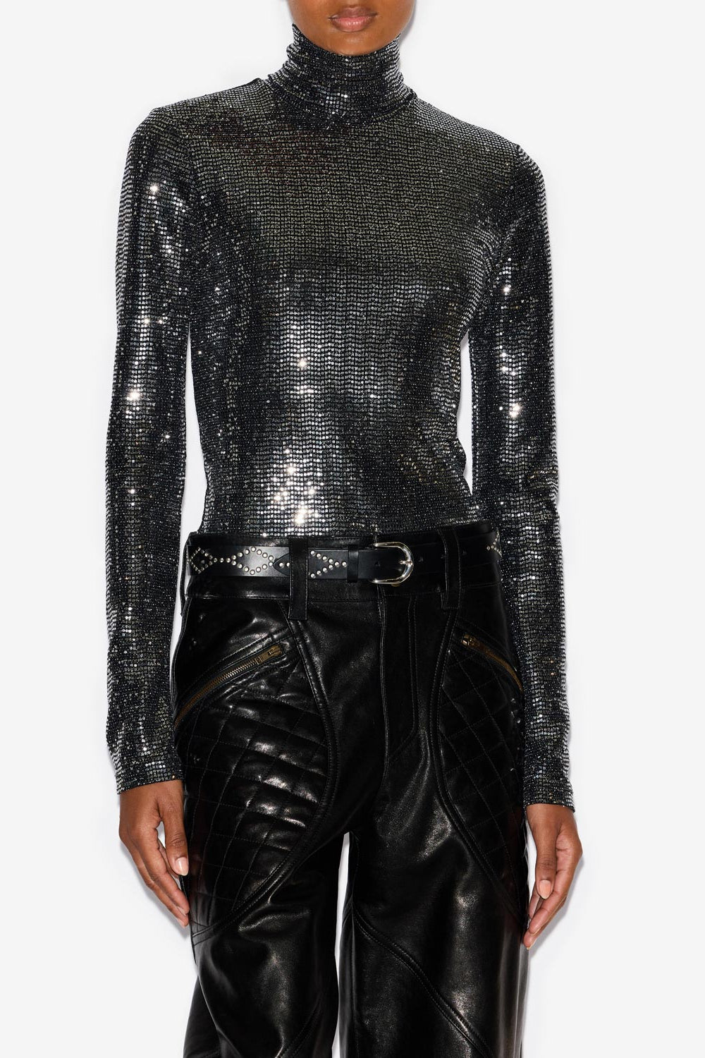 Top joyela de punto brillante con cuello alto - Black and silver - Woman - 4