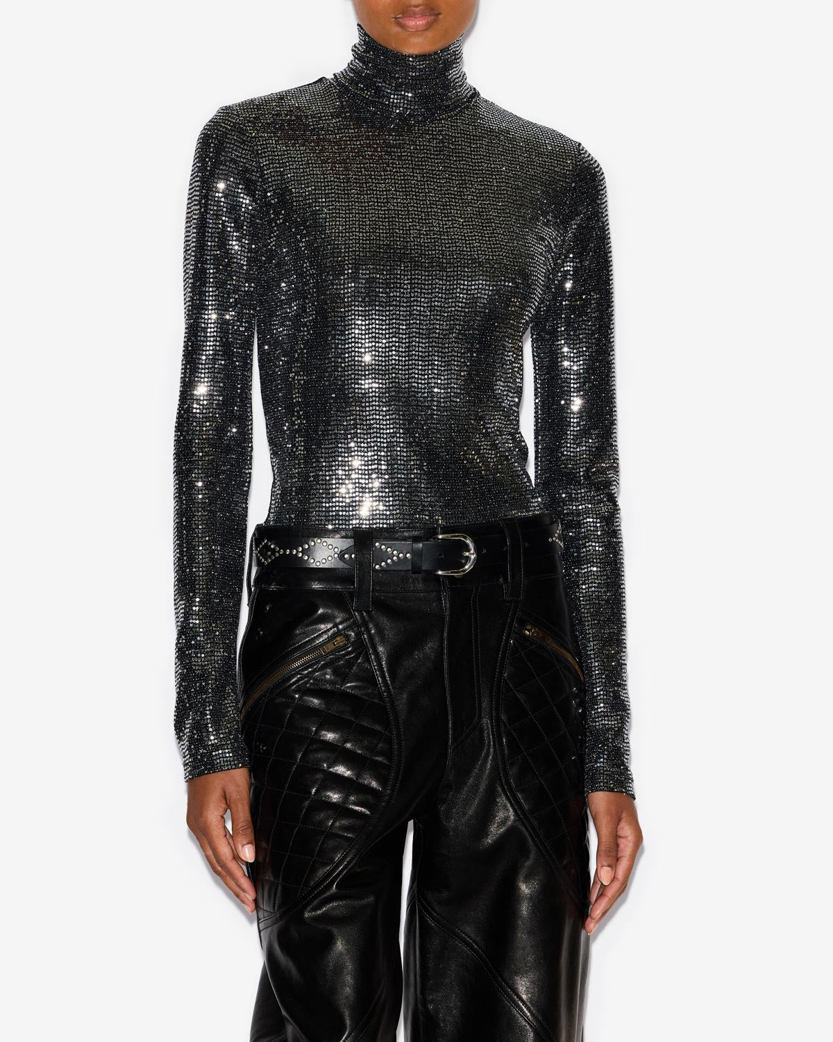 Top joyela de punto brillante con cuello alto - Black and silver - Woman - 3