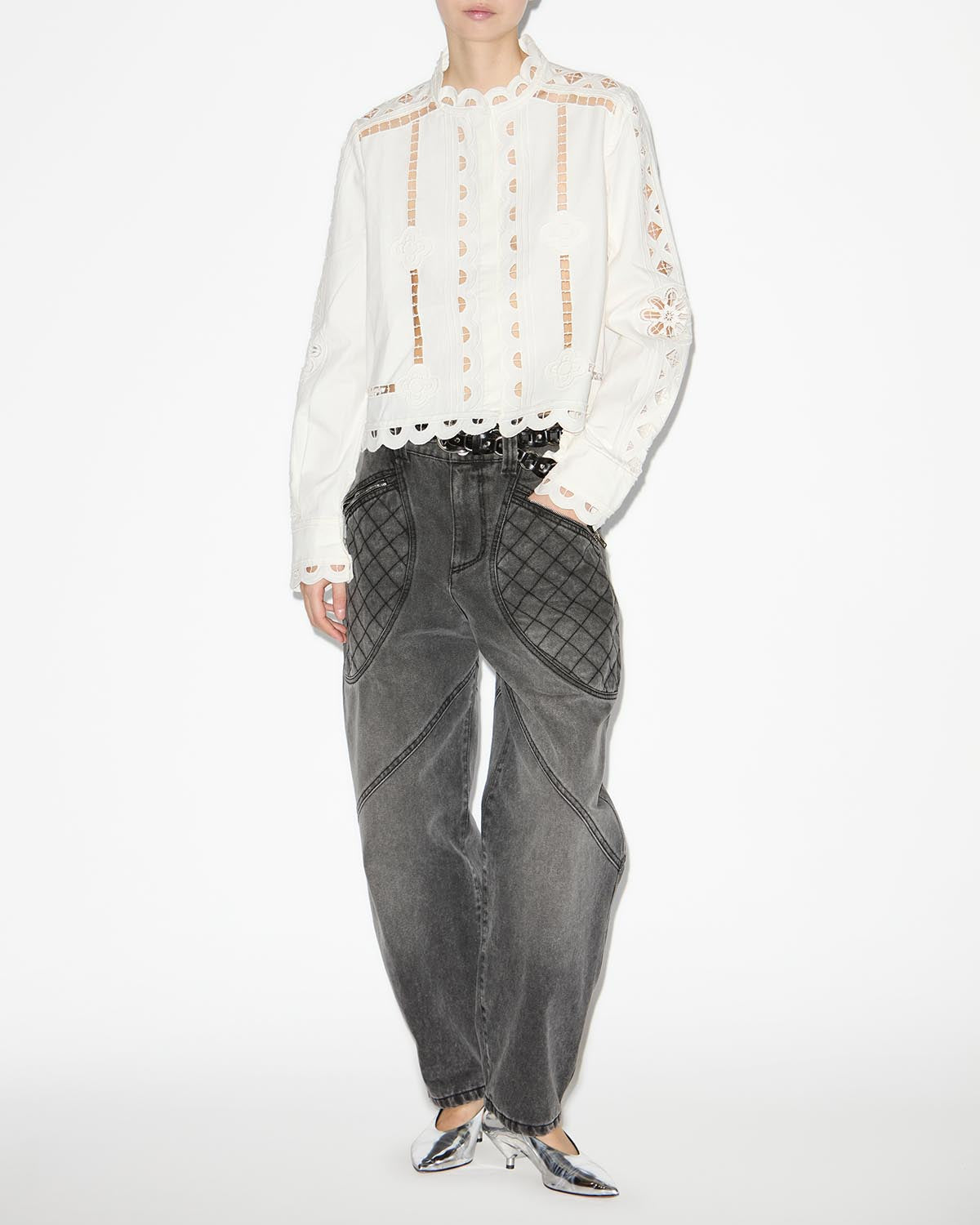 페를린(perline) 플레인 코튼 잉글리쉬 자수 탑 - 하얀색 - Woman - 1