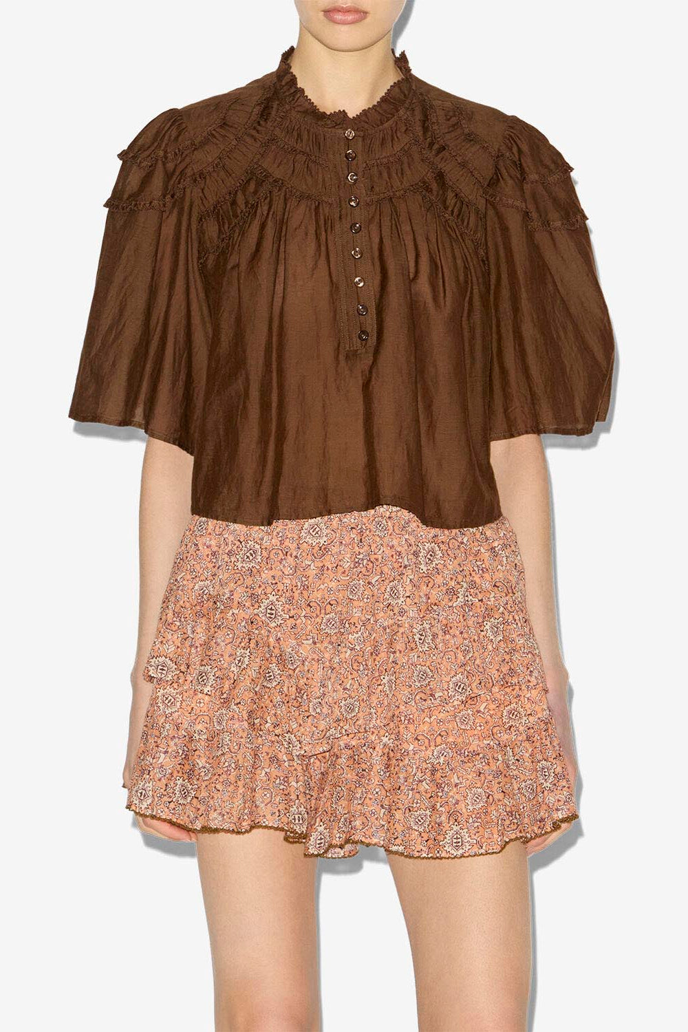 Top carmen de gasa de algodón fruncido - Dark khaki - Woman - 3