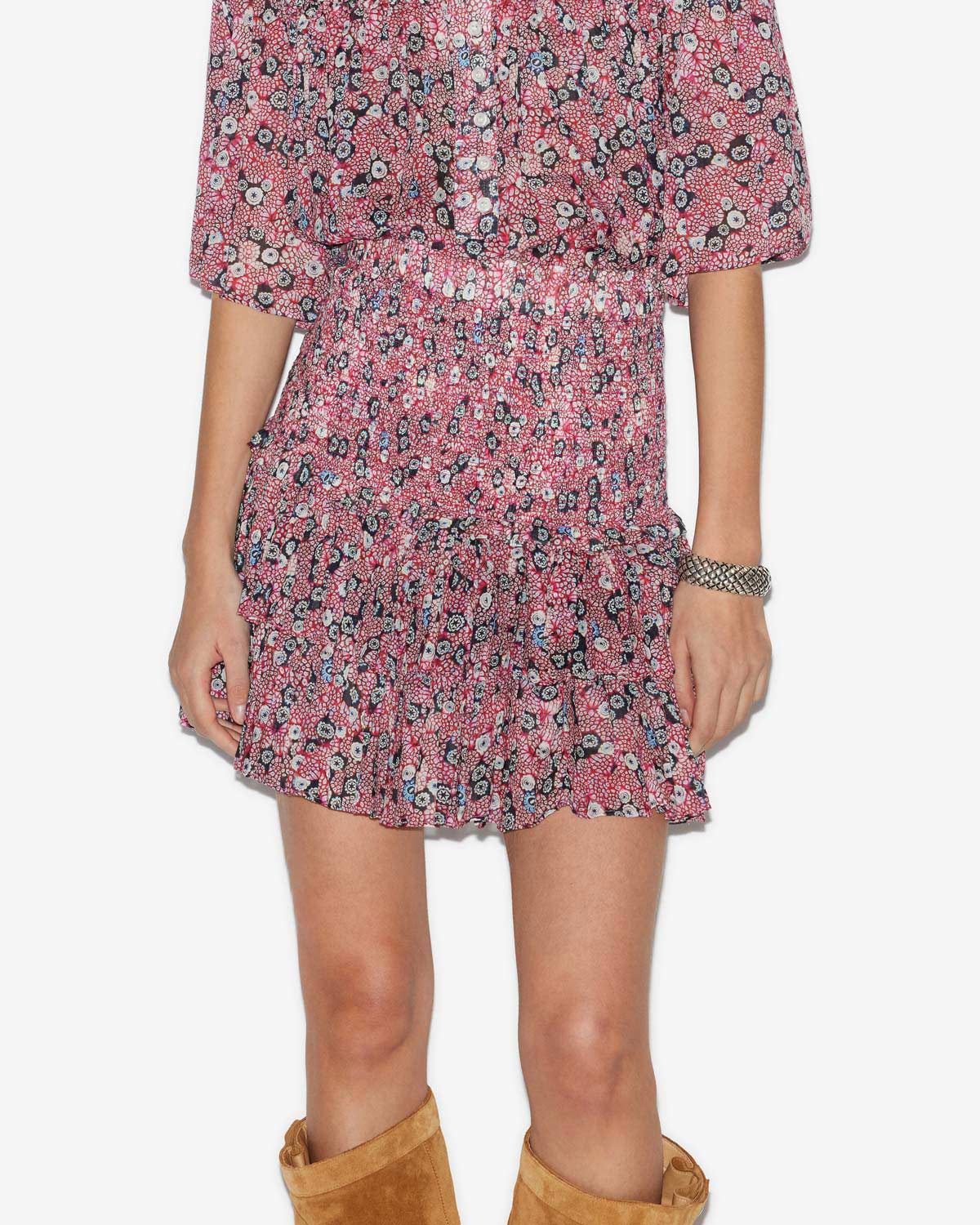 Naomi skirt in printed smocked cotton voile - Raspberry-black - Woman - 4