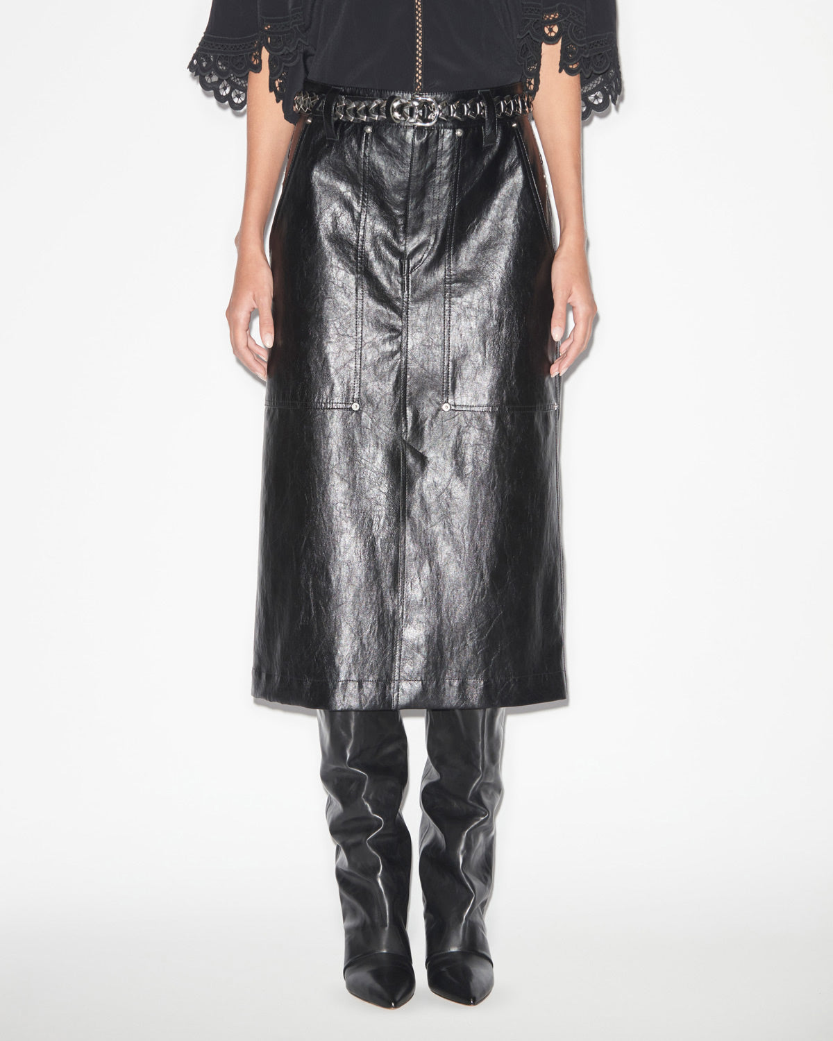 앙젤(angele) 가죽 질감 미디 스커트 - 검은색 - Woman - 3