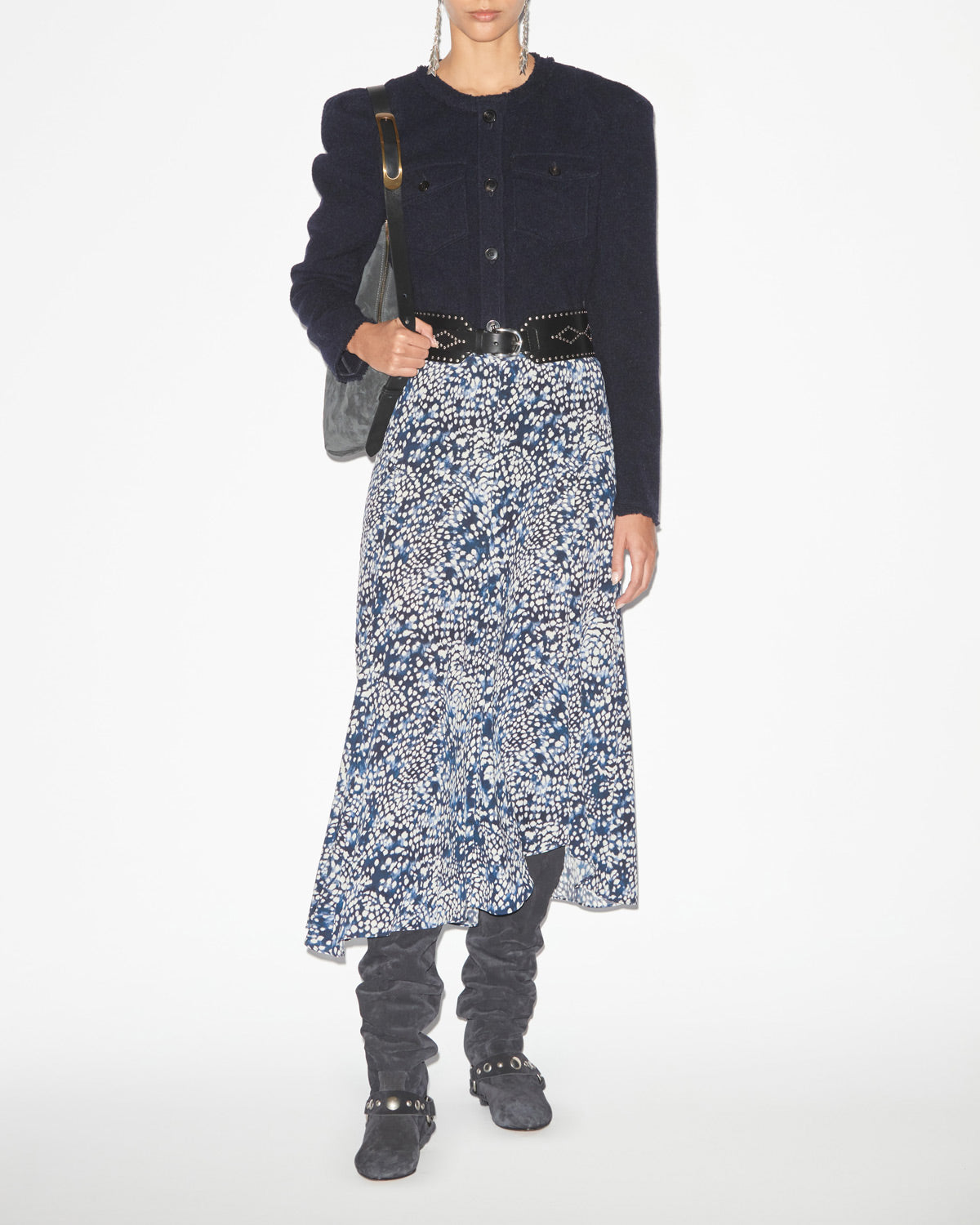 Hortensia midi skirt in printed crêpe de chine - Midnight-white - Woman - 1