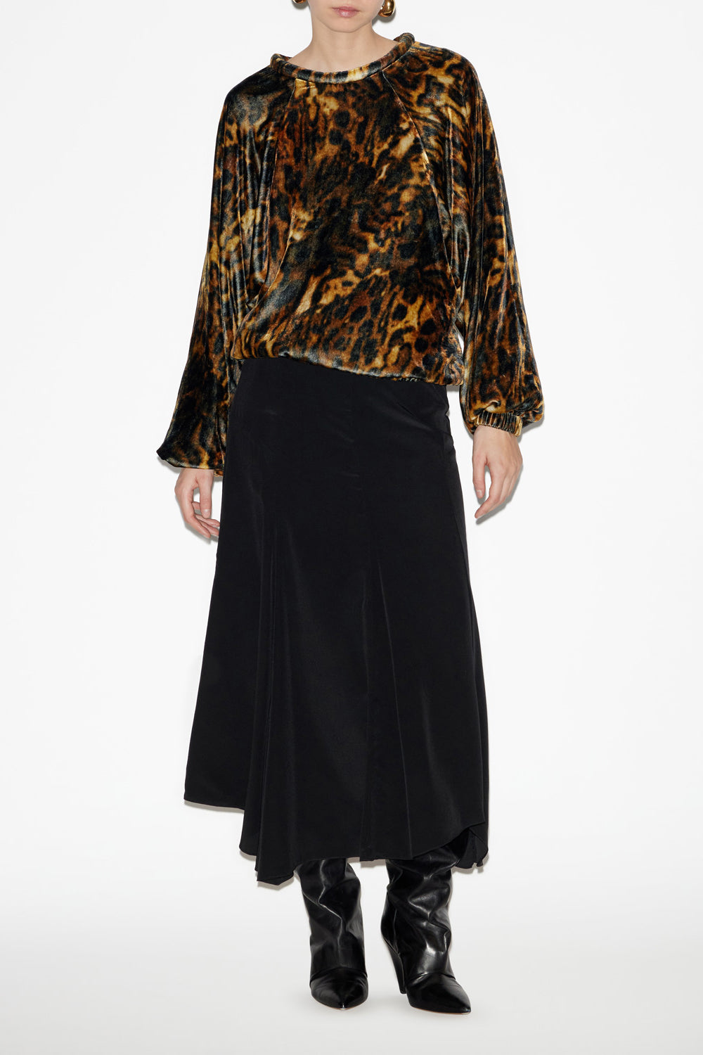 Gonna midi hortensia in crêpe de chine tinta unita - Nero - Woman - 2