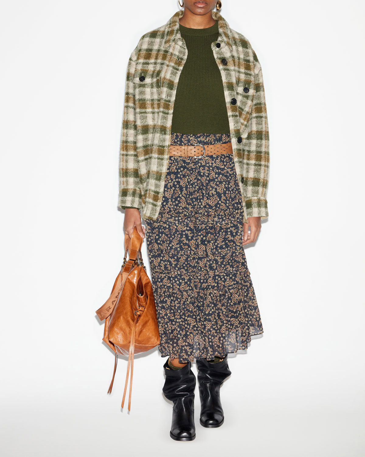 Falda diya larga de gasa de algodón estampada - Black-ochre - Woman - 1