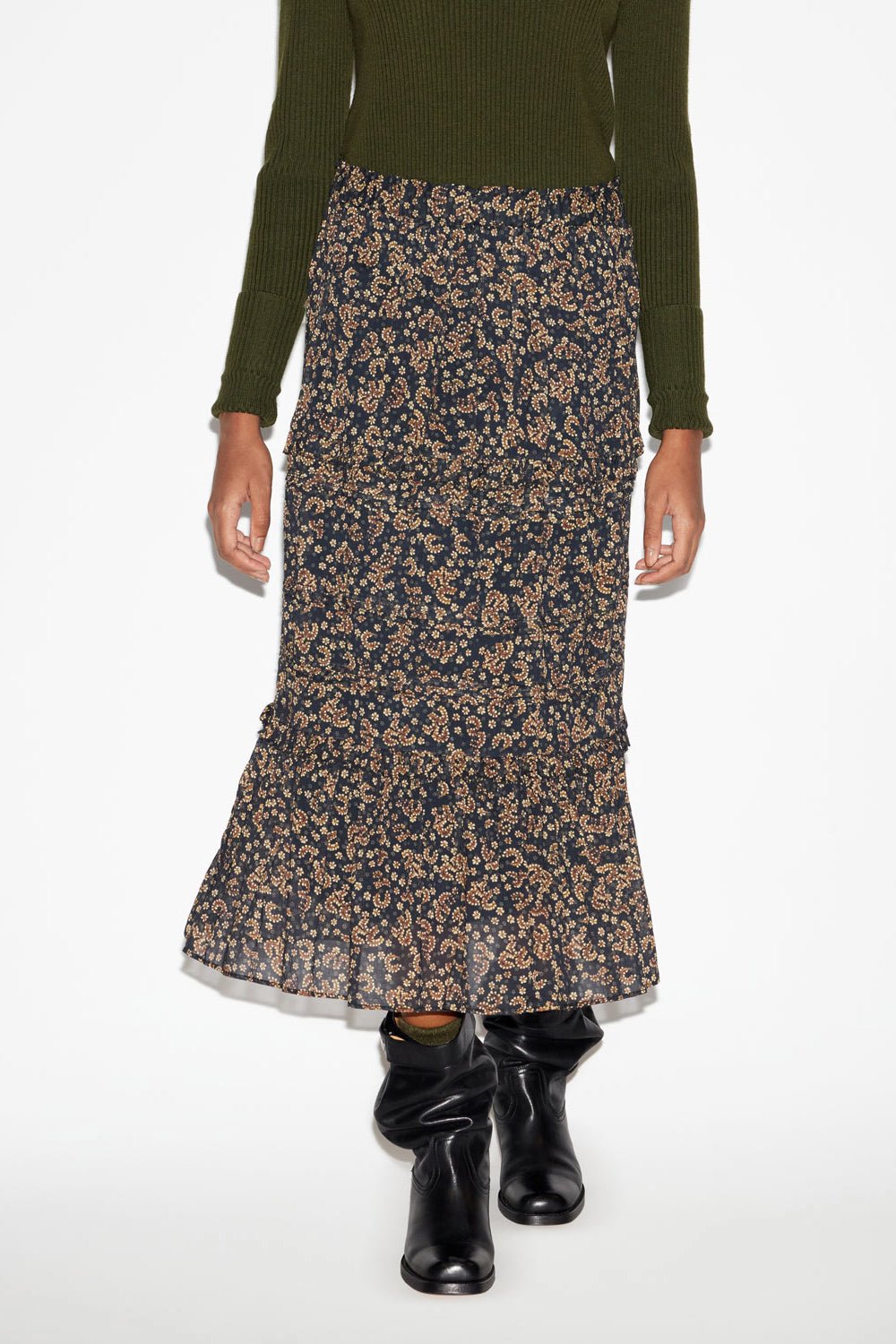 Gonna diya lunga in voile di cotone stampato - Black-ochre - Woman - 4