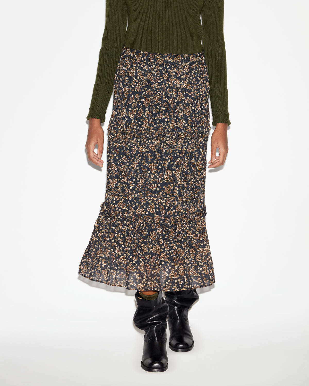 Falda diya larga de gasa de algodón estampada - Black-ochre - Woman - 3