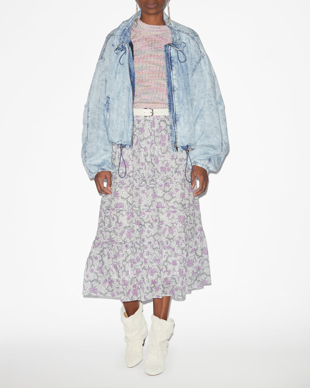 Diya long skirt in printed cotton voile - Ecru-lilac - Woman - 1