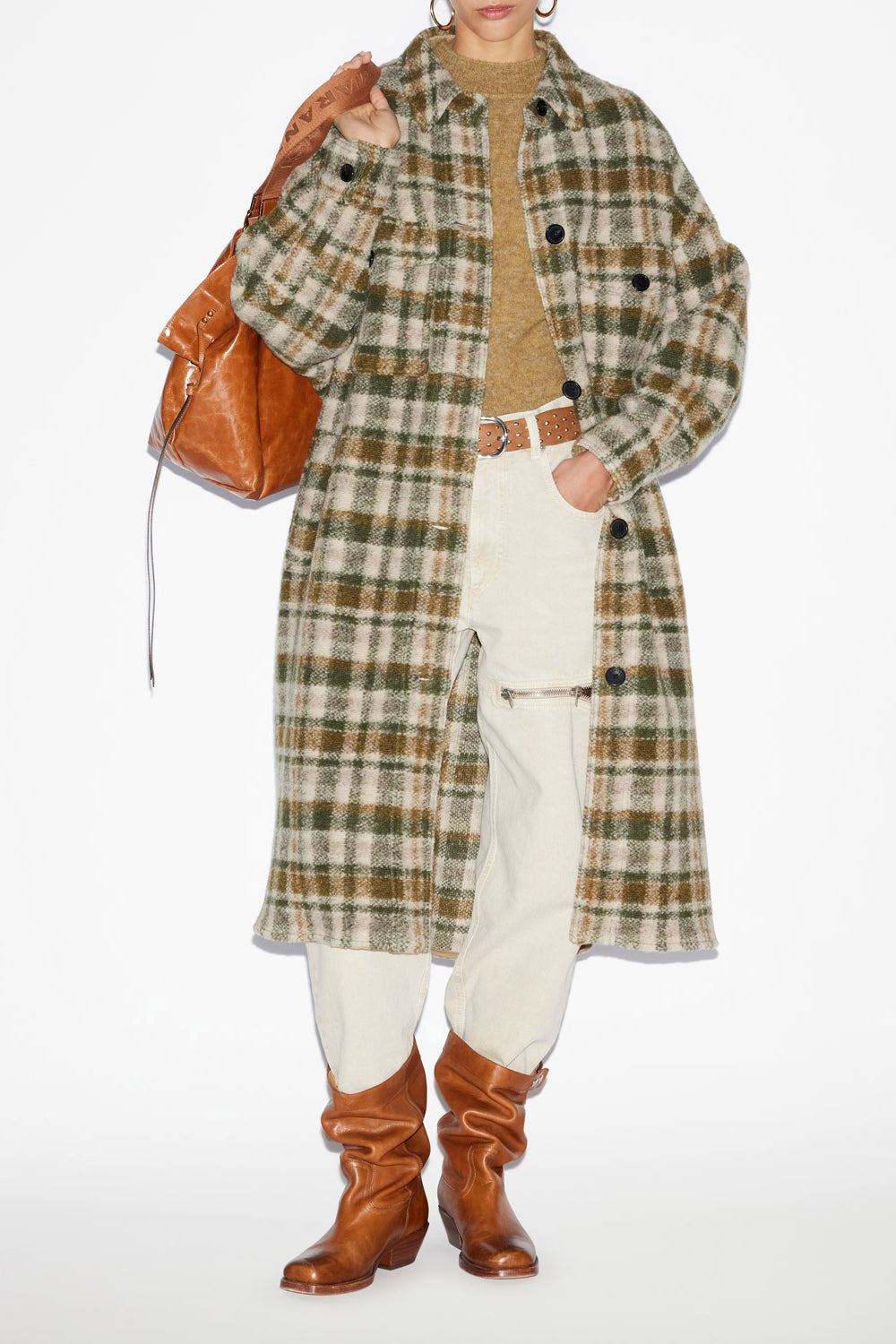 Fontizi long checkered wool blend coat - Khaki-ecru - Woman - 2