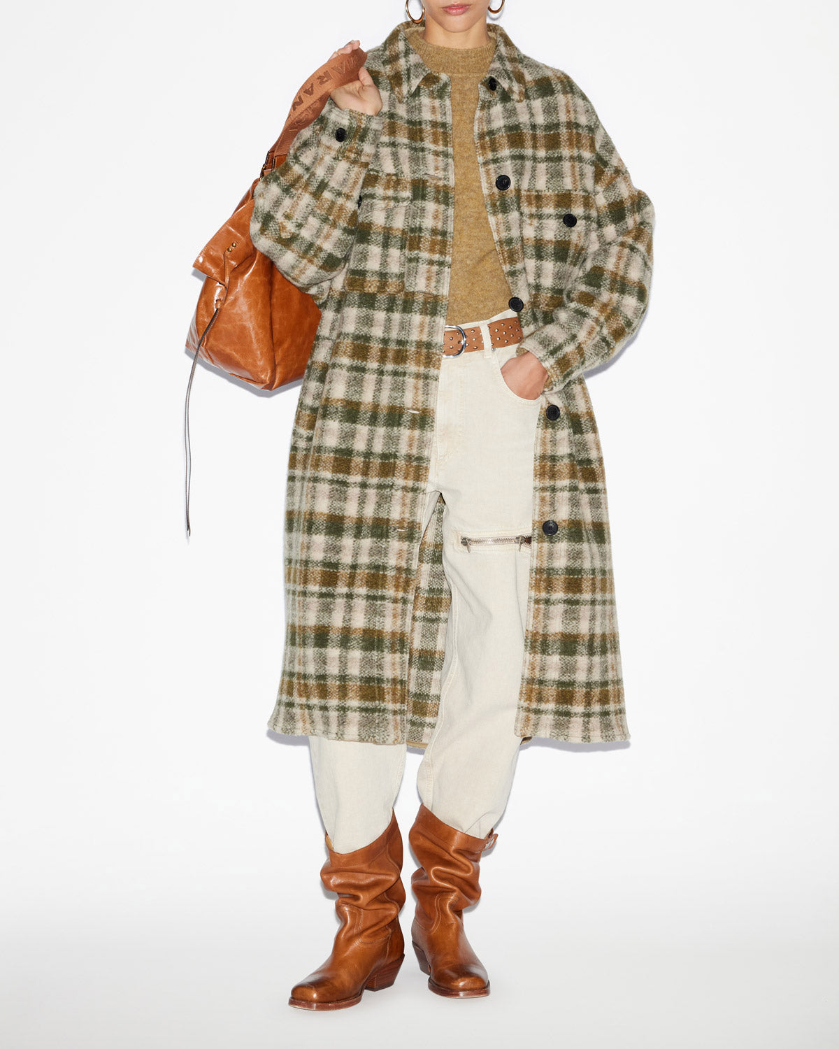 Abrigo largo fontini de mezcla de lana a cuadros - Khaki-ecru - Woman - 1