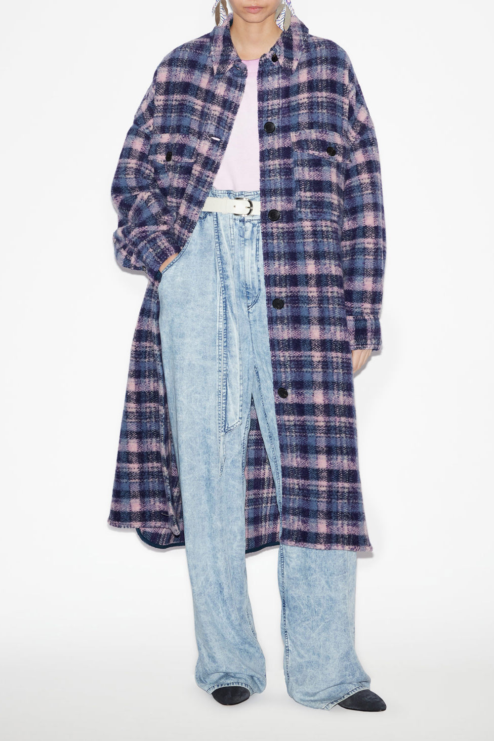 폰티지(fontizi) 멜란지 울 체크 롱코트 - Lilac-navy - Woman - 2