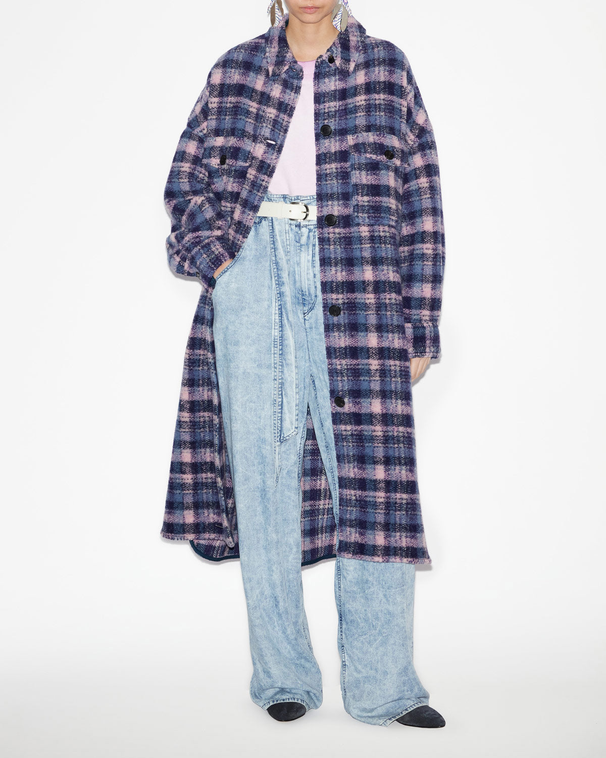 Fontizi チェック柄混合ウール ロングコート - Lilac-navy - Woman - 1