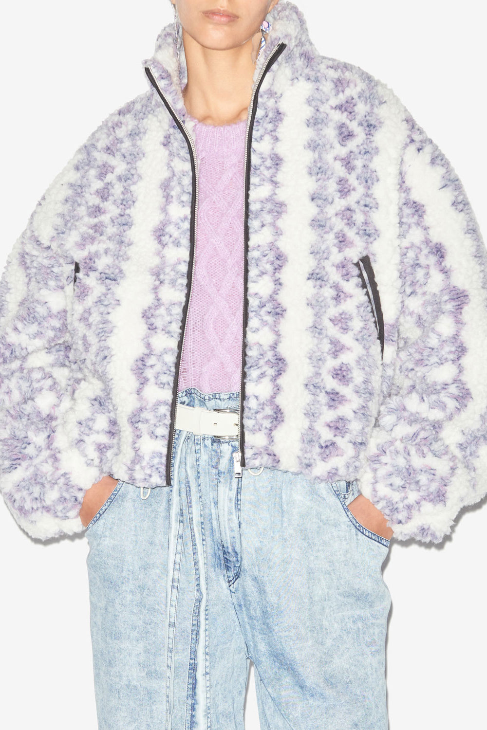 Mackensy short printed shearling style coat - Ecru-purple - Woman - 4