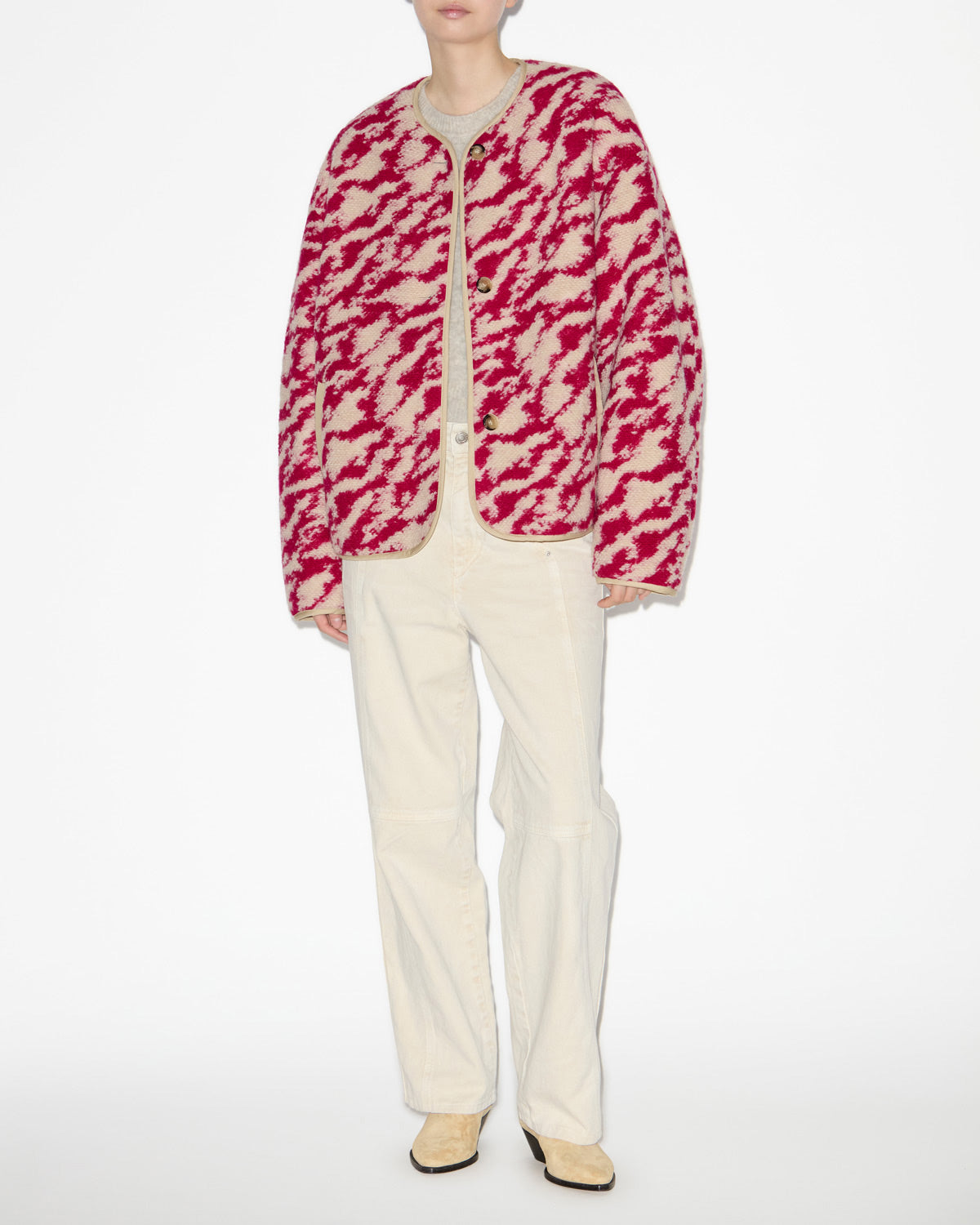 Himala reversible coat in quilted, zebra patterned wool - Raspberry-beige - Woman - 1