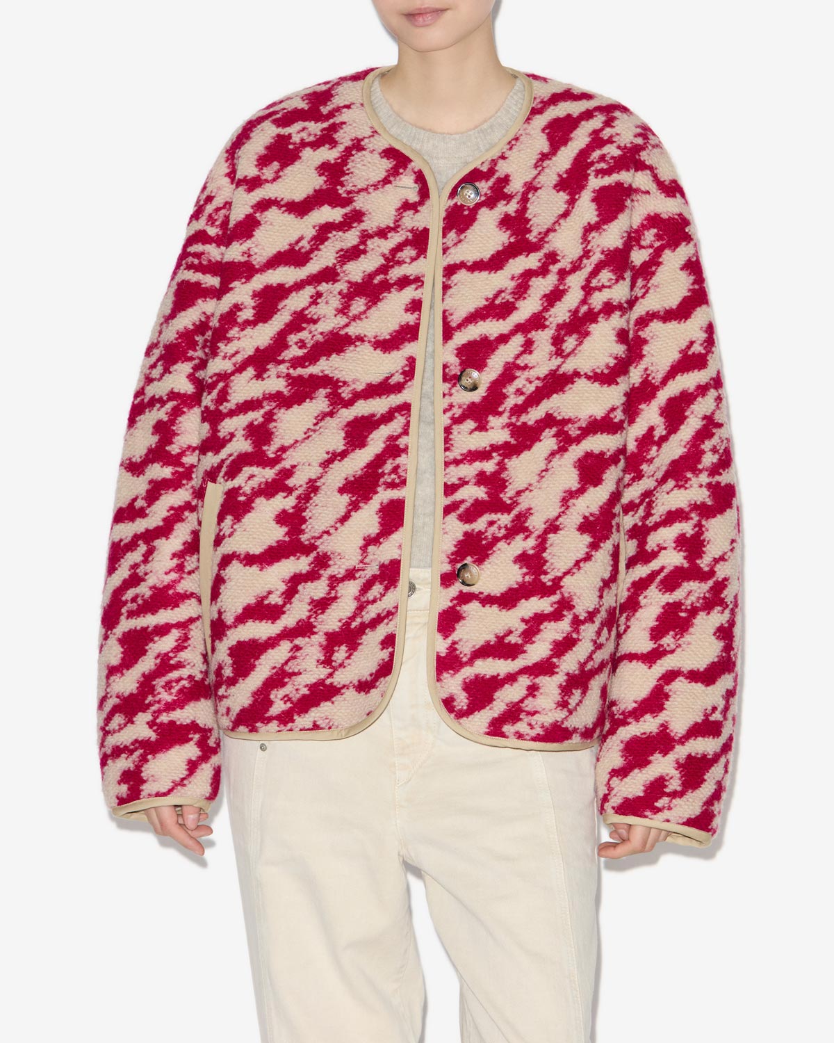 Himala reversible coat in quilted, zebra patterned wool - Raspberry-beige - Woman - 3