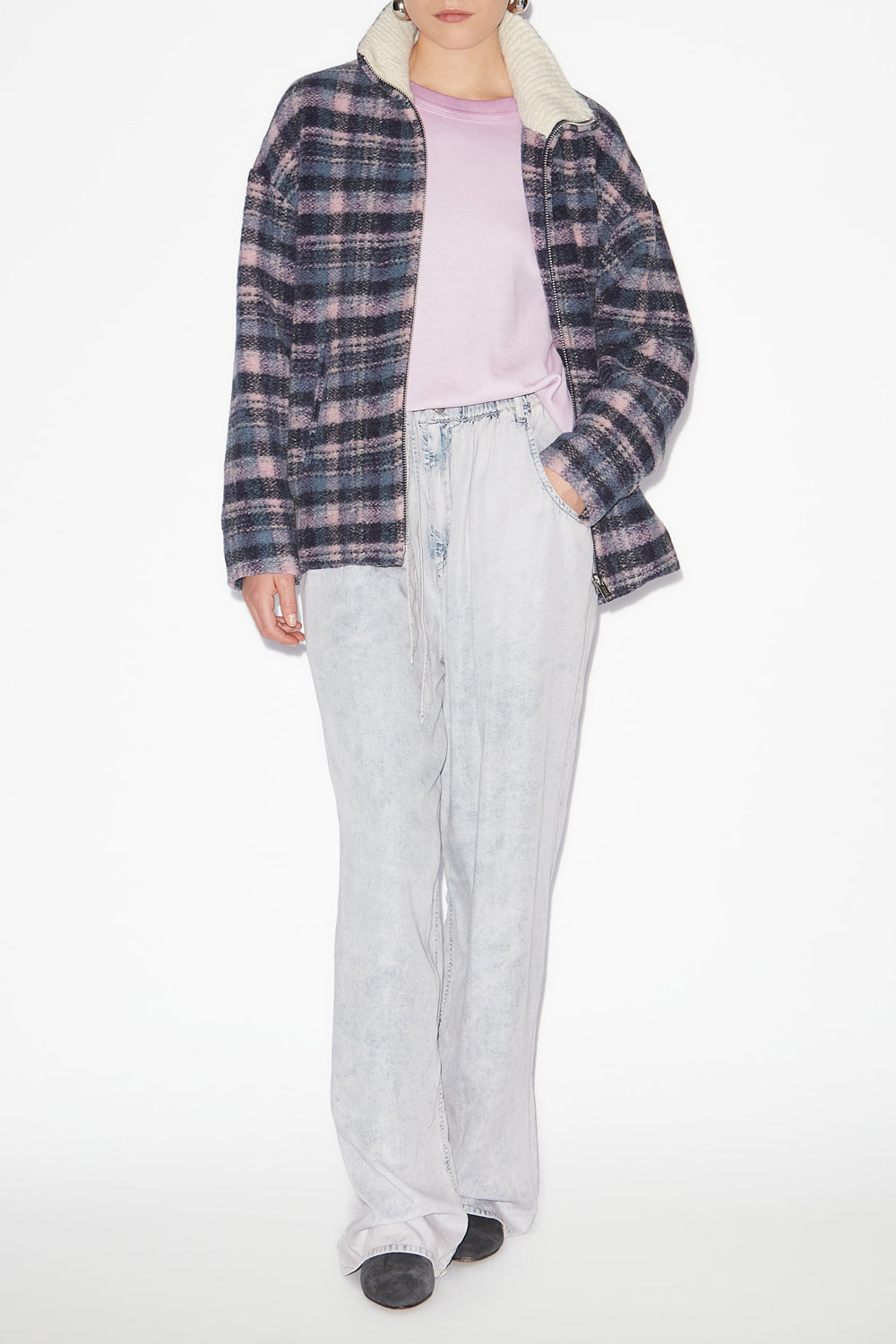 Giovany short checkered wool blend coat - Lilac-navy - Woman - 2