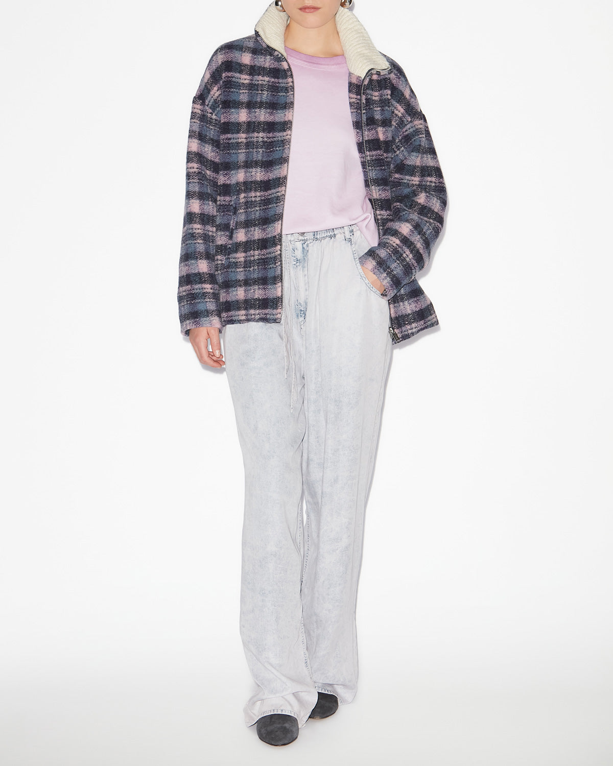 Abrigo corto giovany en mezcla de lana de cuadros - Lilac-navy - Woman - 1