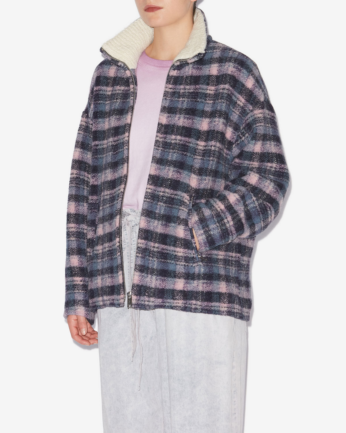 Abrigo corto giovany en mezcla de lana de cuadros - Lilac-navy - Woman - 3