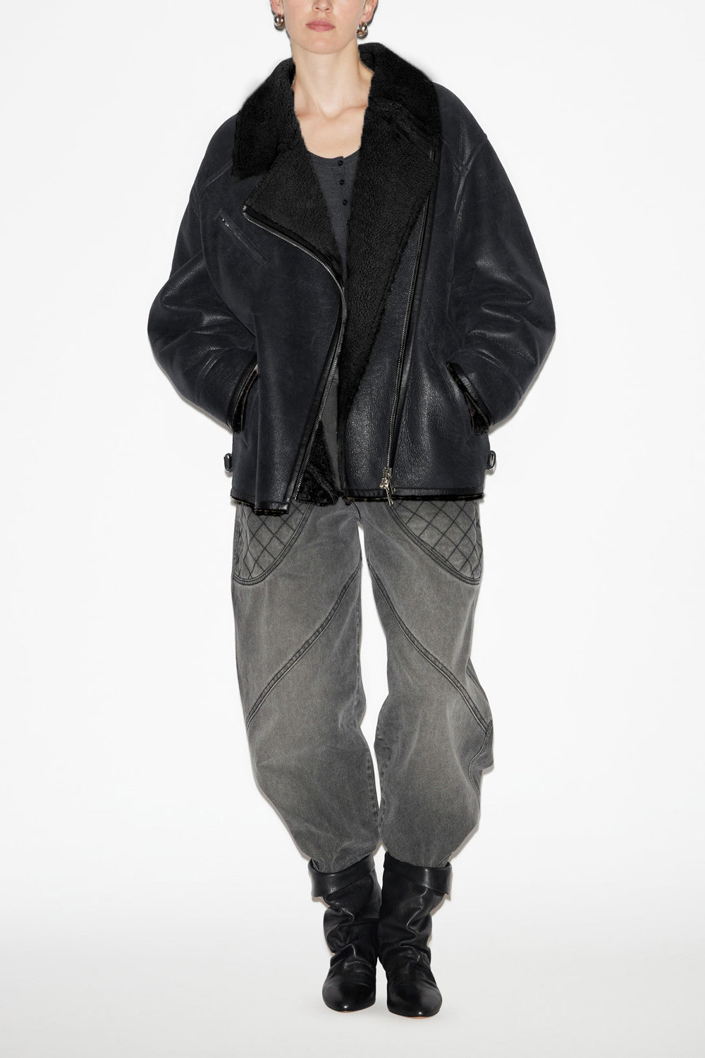 Adelina short coat in suede lambskin leather - Black - Woman - 2