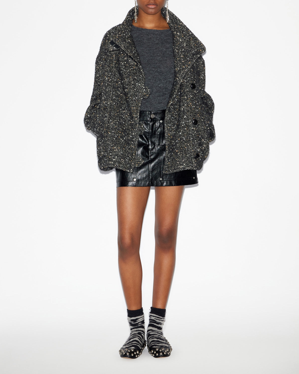 Hanis short mottled wool blend coat - Black - Woman - 1