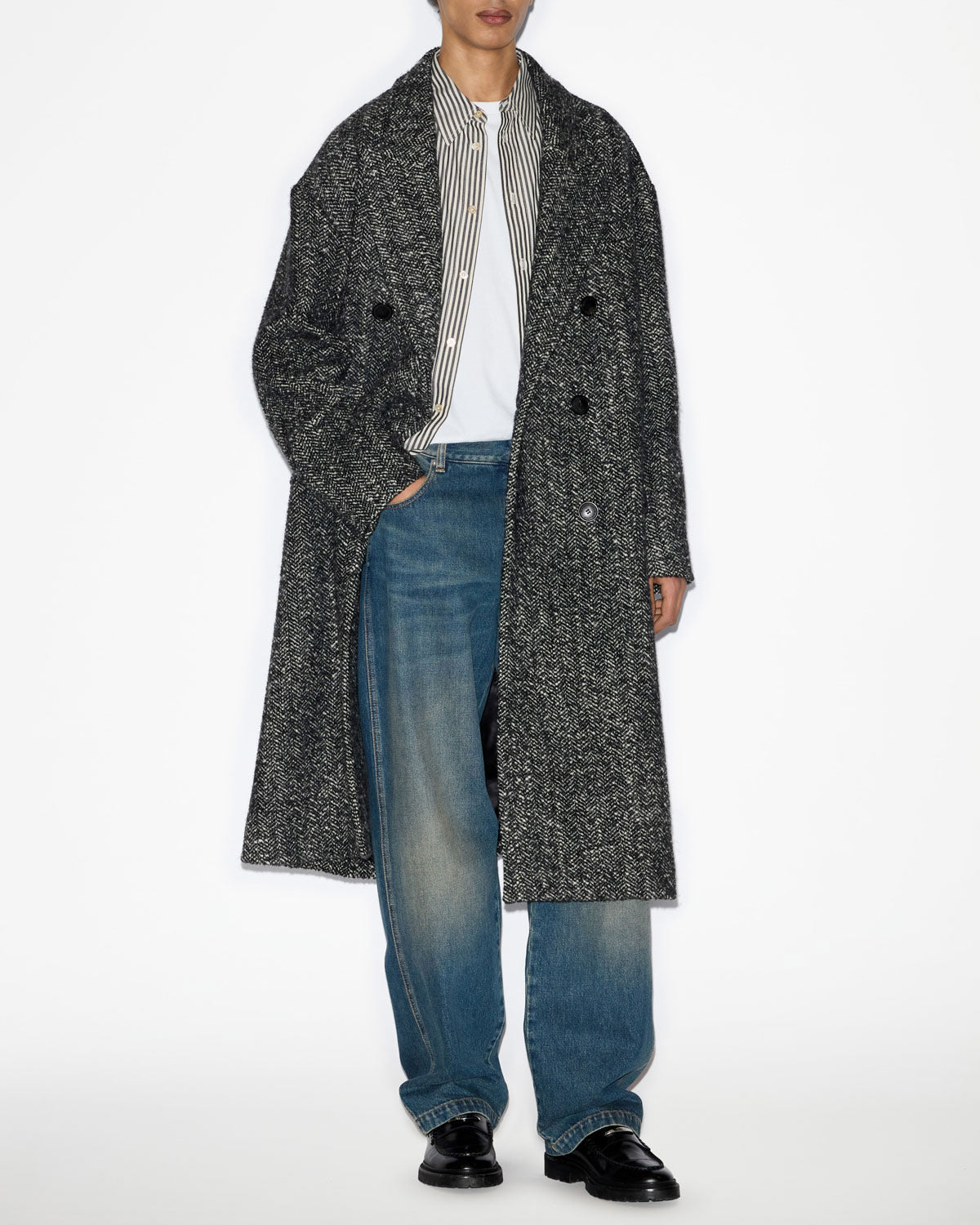 Denton long mottled wool blend coat - Black-white - Man - 1