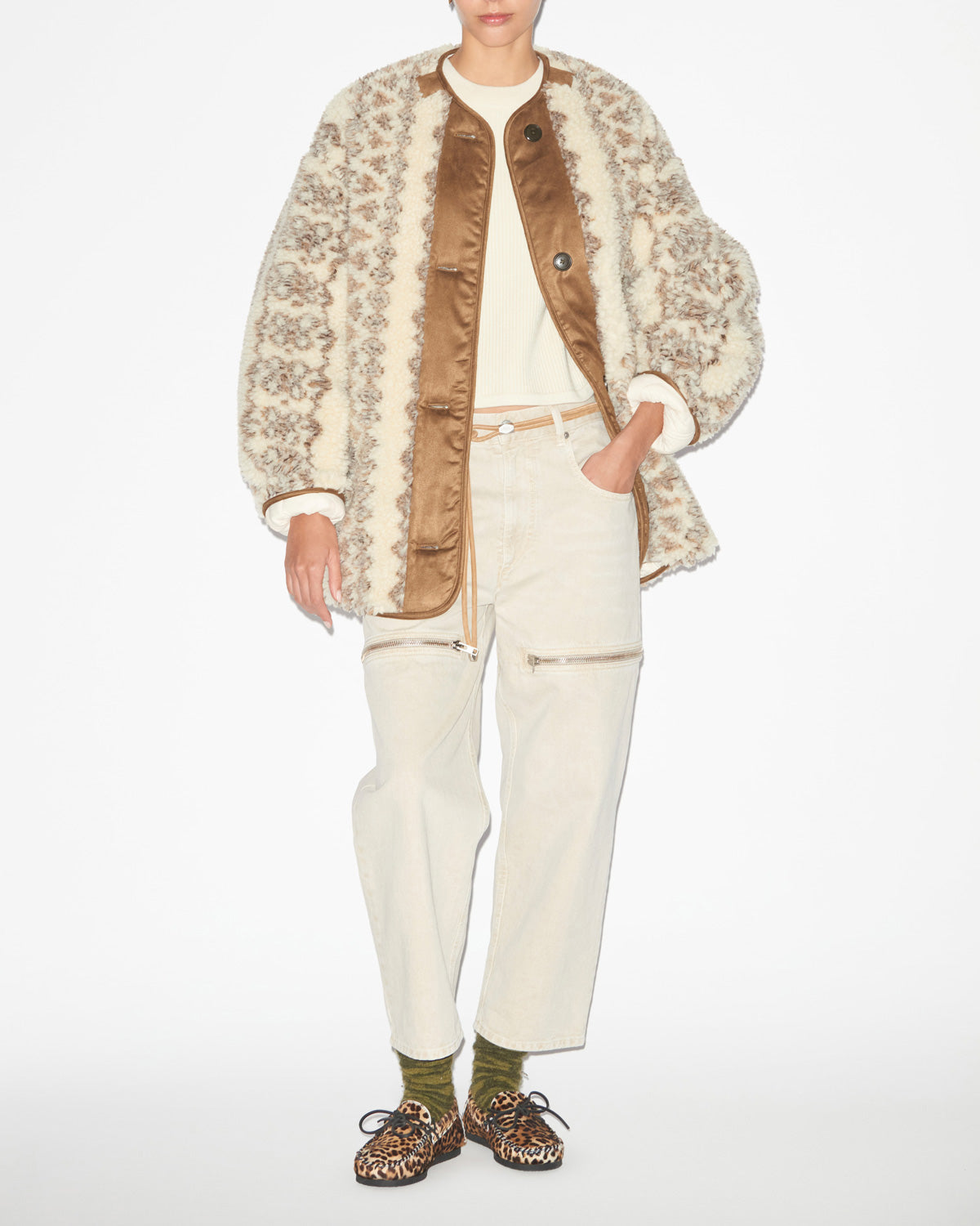 Cappotto memma reversibile effetto sherpa stampato e imbottito - Ecru-brown - Woman - 1