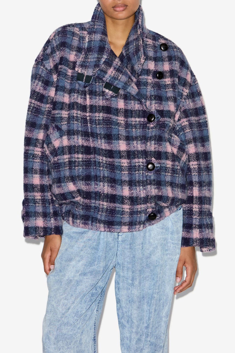 Laeli short checkered wool blend coat - Lilac-navy - Woman - 4