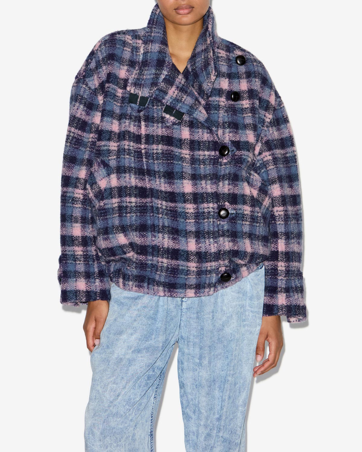 Laeli short checkered wool blend coat - Lilac-navy - Woman - 3