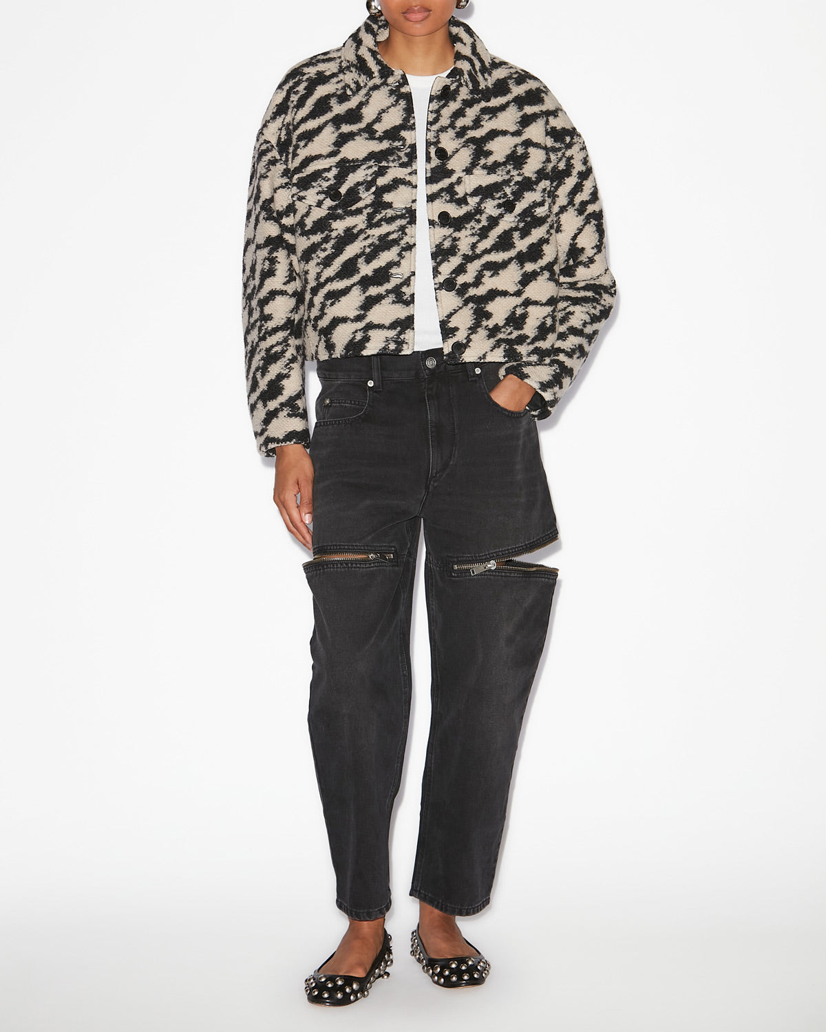 Abrigo corto de lana de cebra ferida - Black-beige - Woman - 1