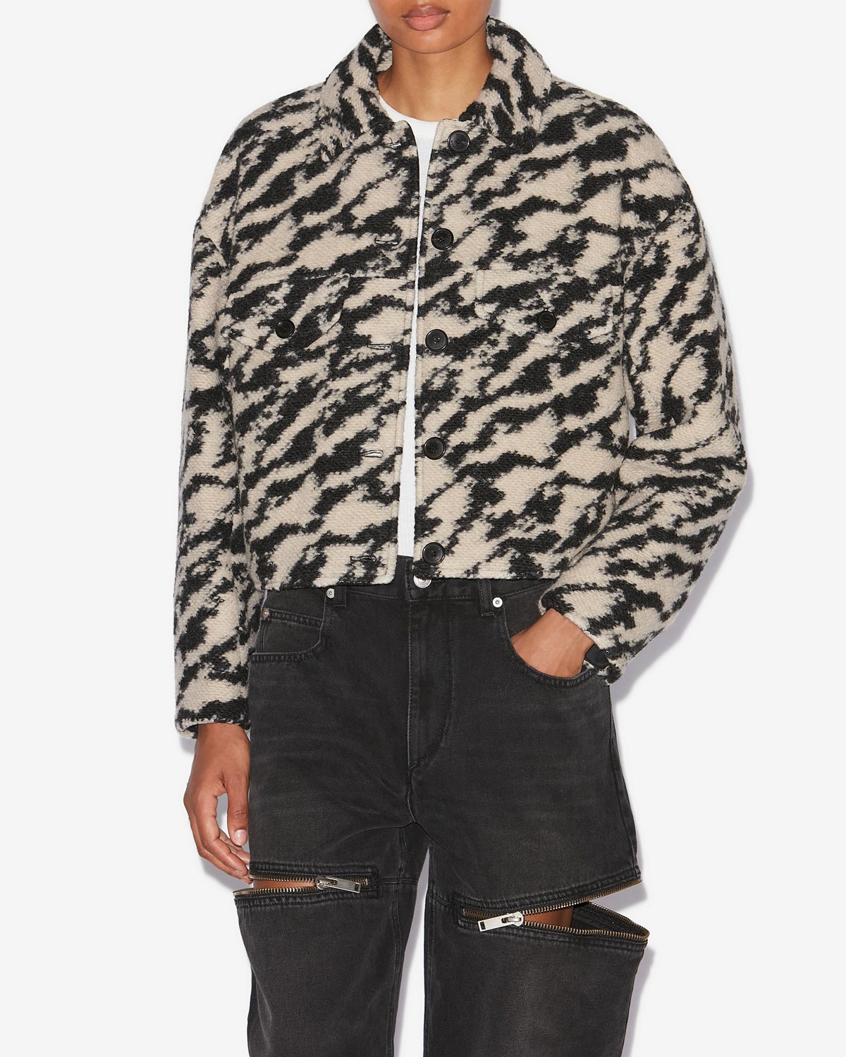 Abrigo corto de lana de cebra ferida - Black-beige - Woman - 3