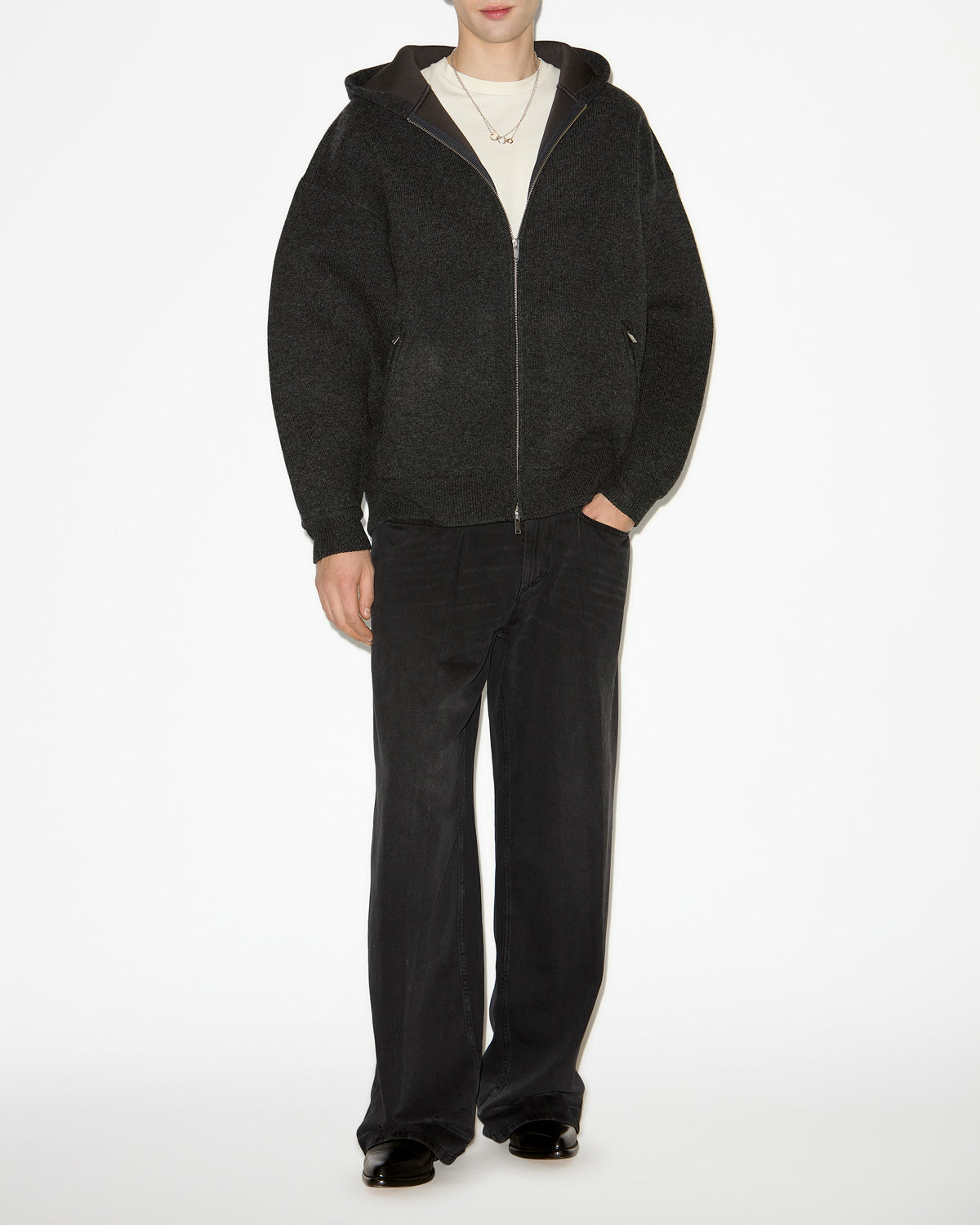 Abrigo con capucha de mezcla de lana liso igor - Anthracite - Man - 1