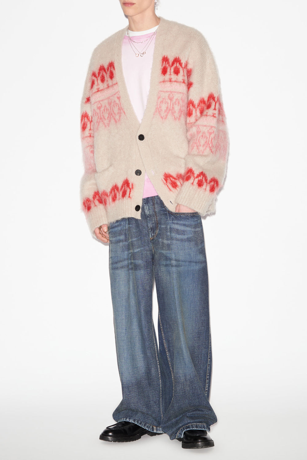 다이스톤 패턴이 있는 모헤어 울 소재의 버튼 코트 - 산딸기 - Man - 2