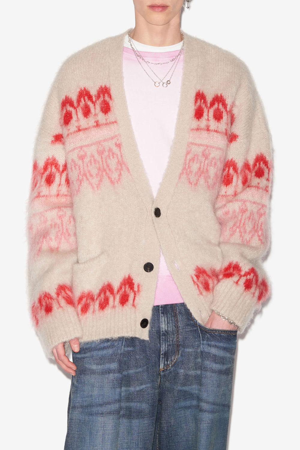 다이스톤 패턴이 있는 모헤어 울 소재의 버튼 코트 - 산딸기 - Man - 4