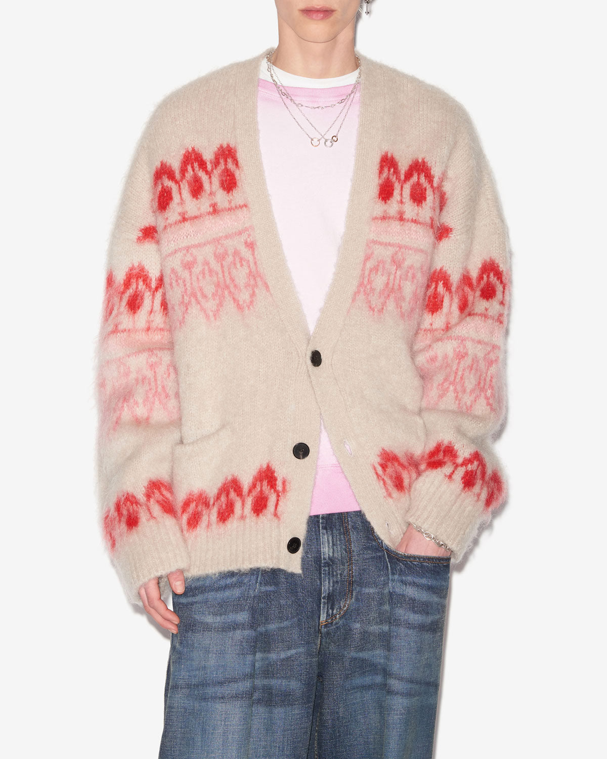 Cappotto dyston a bottoni in lana mohair fantasia - Lampone - Man - 3