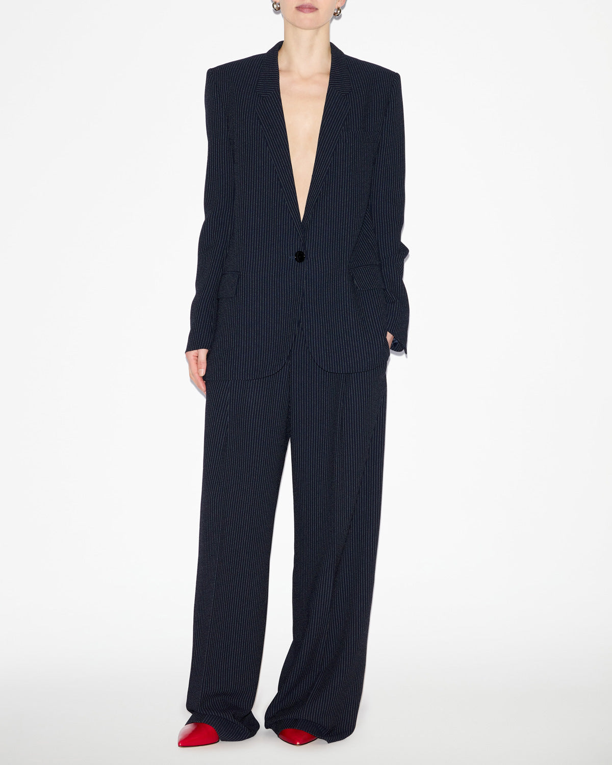 Weit geschnittene gestreifte hose mit abnähern romina - Midnight-ecru - Woman - 1