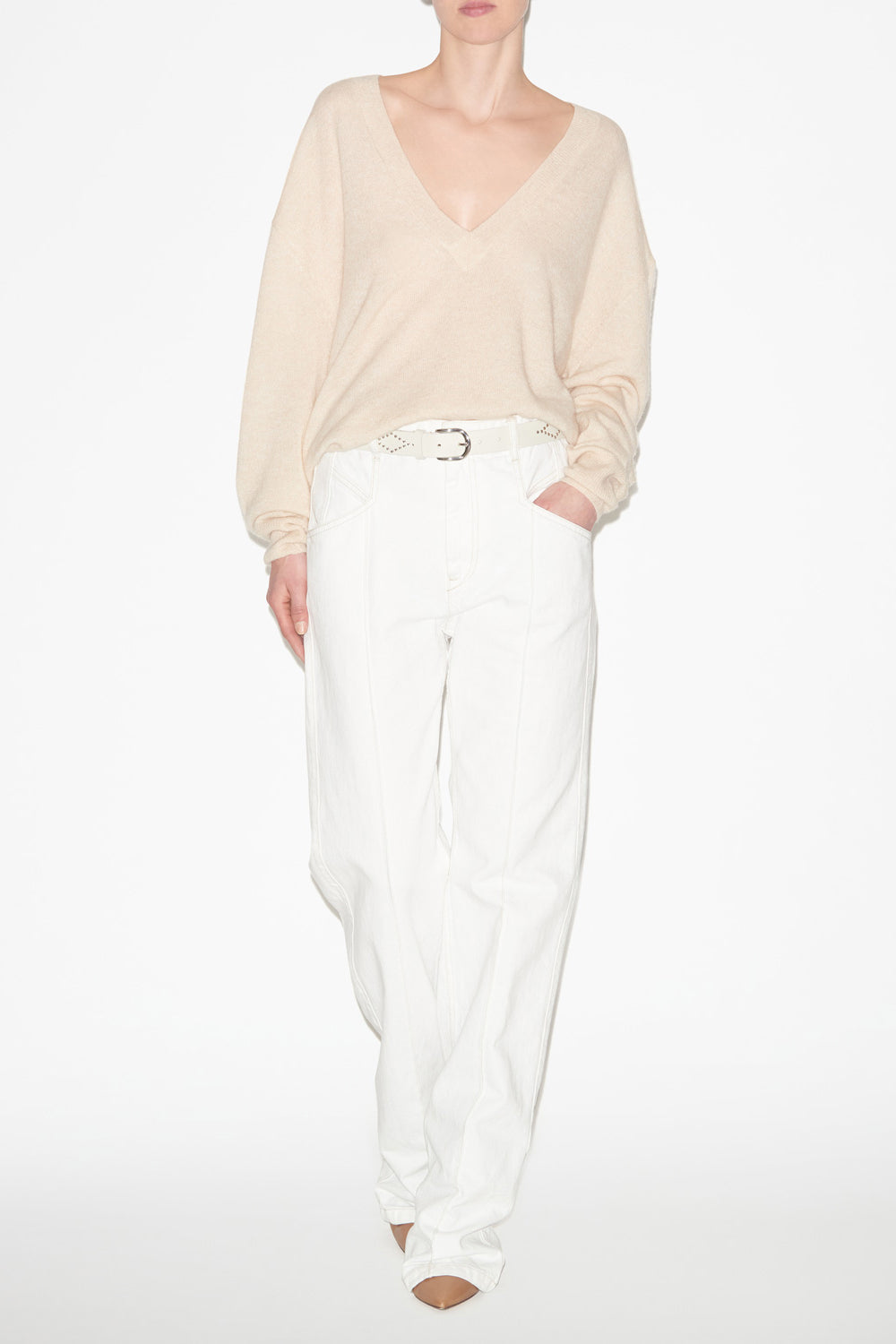 Maglia larana in cashmere tinta unita con scollo a v - Beige - Woman - 2