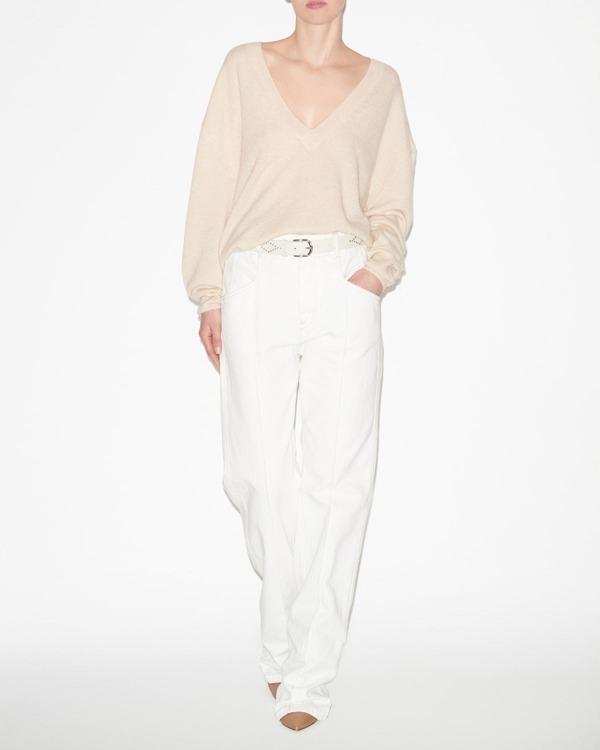 Maglia larana in cashmere tinta unita con scollo a v - Beige - Woman - 1