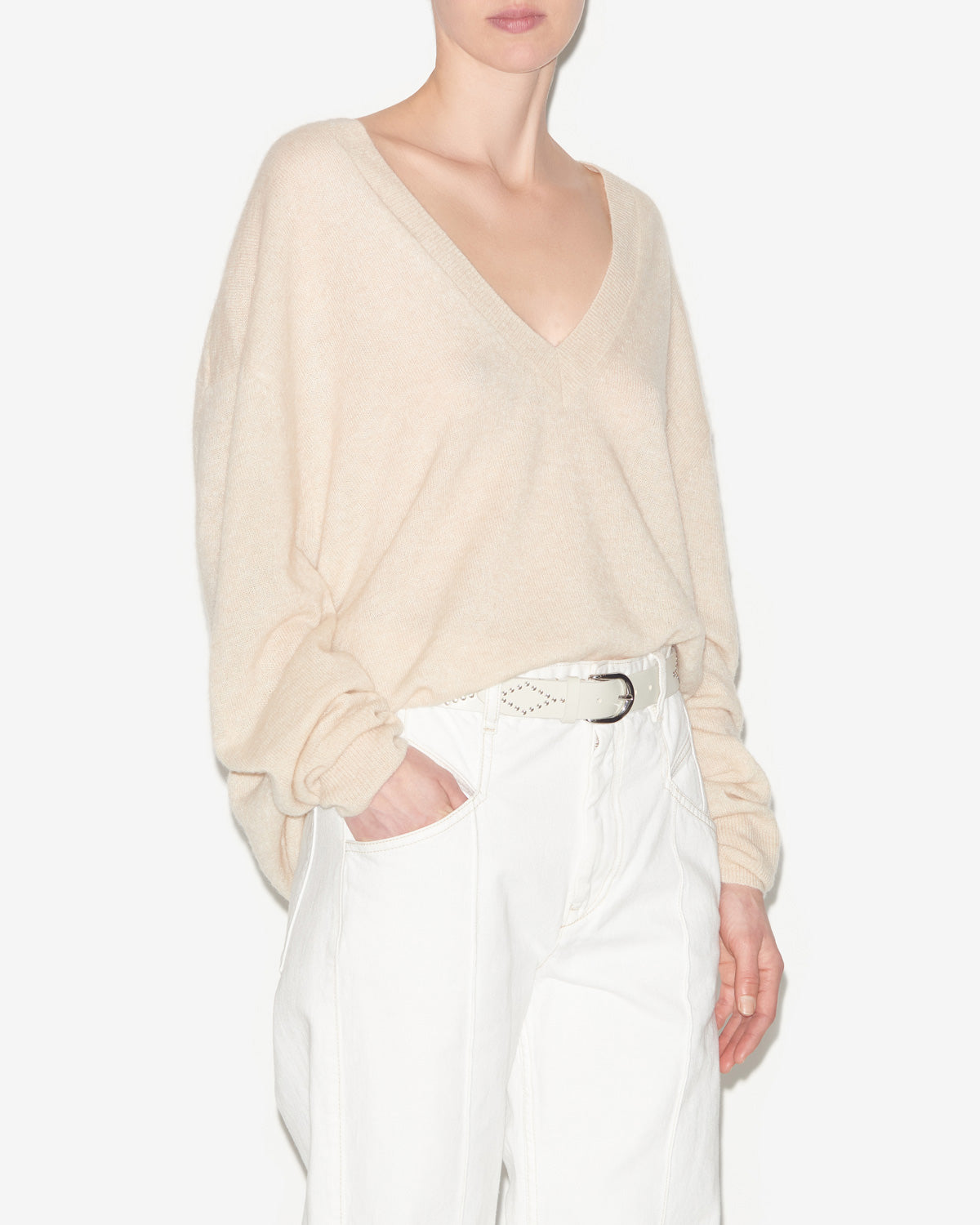 Maglia larana in cashmere tinta unita con scollo a v - Beige - Woman - 3