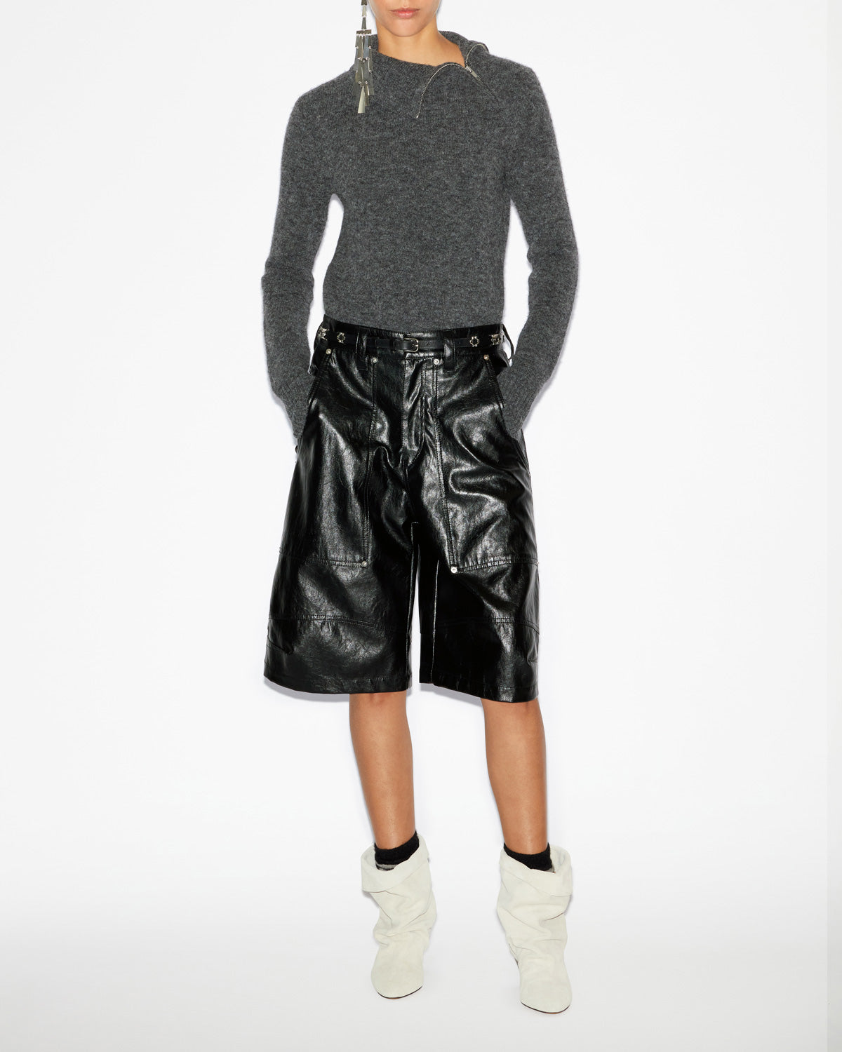 Odelle stand-up collar sweater in plain-colored alpaca knit - Dark gray - Woman - 1