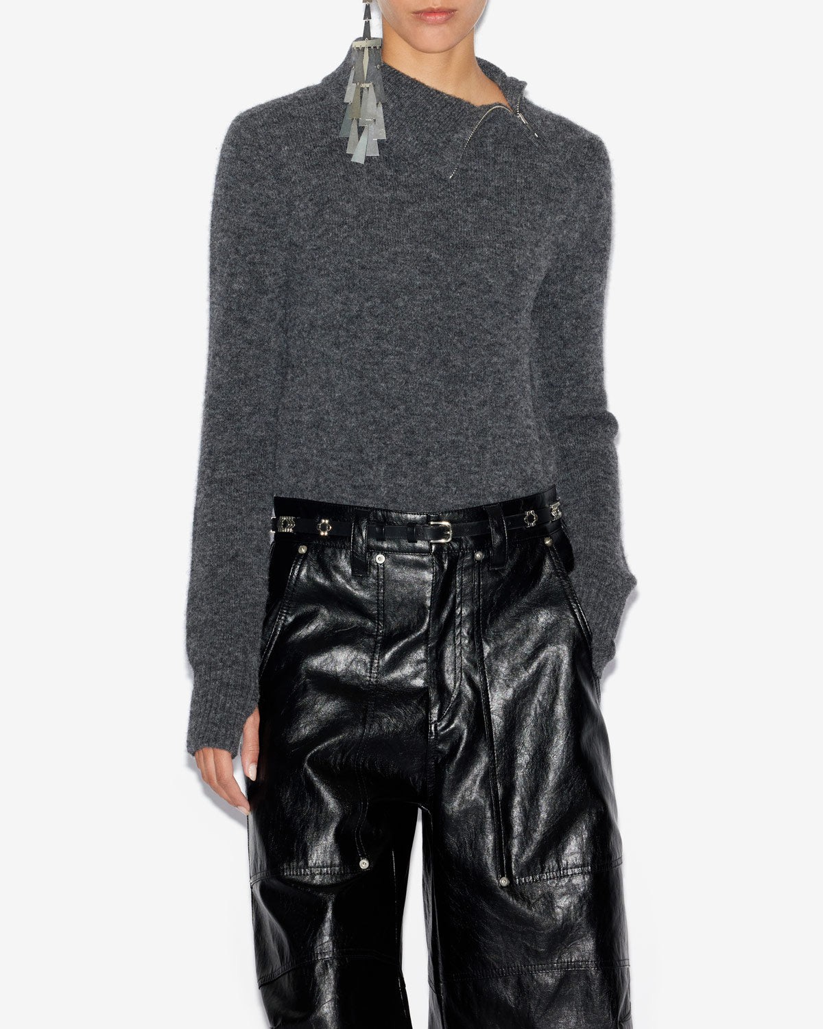 Odelle stand-up collar sweater in plain-colored alpaca knit - Dark gray - Woman - 3