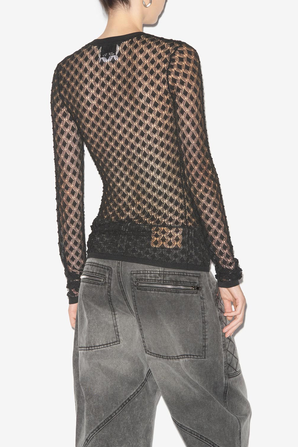 Maglione zavia tinta unita in maglia sottile traforata - Nero - Woman - 5