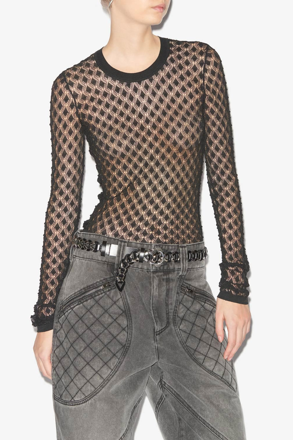 Maglione zavia tinta unita in maglia sottile traforata - Nero - Woman - 4