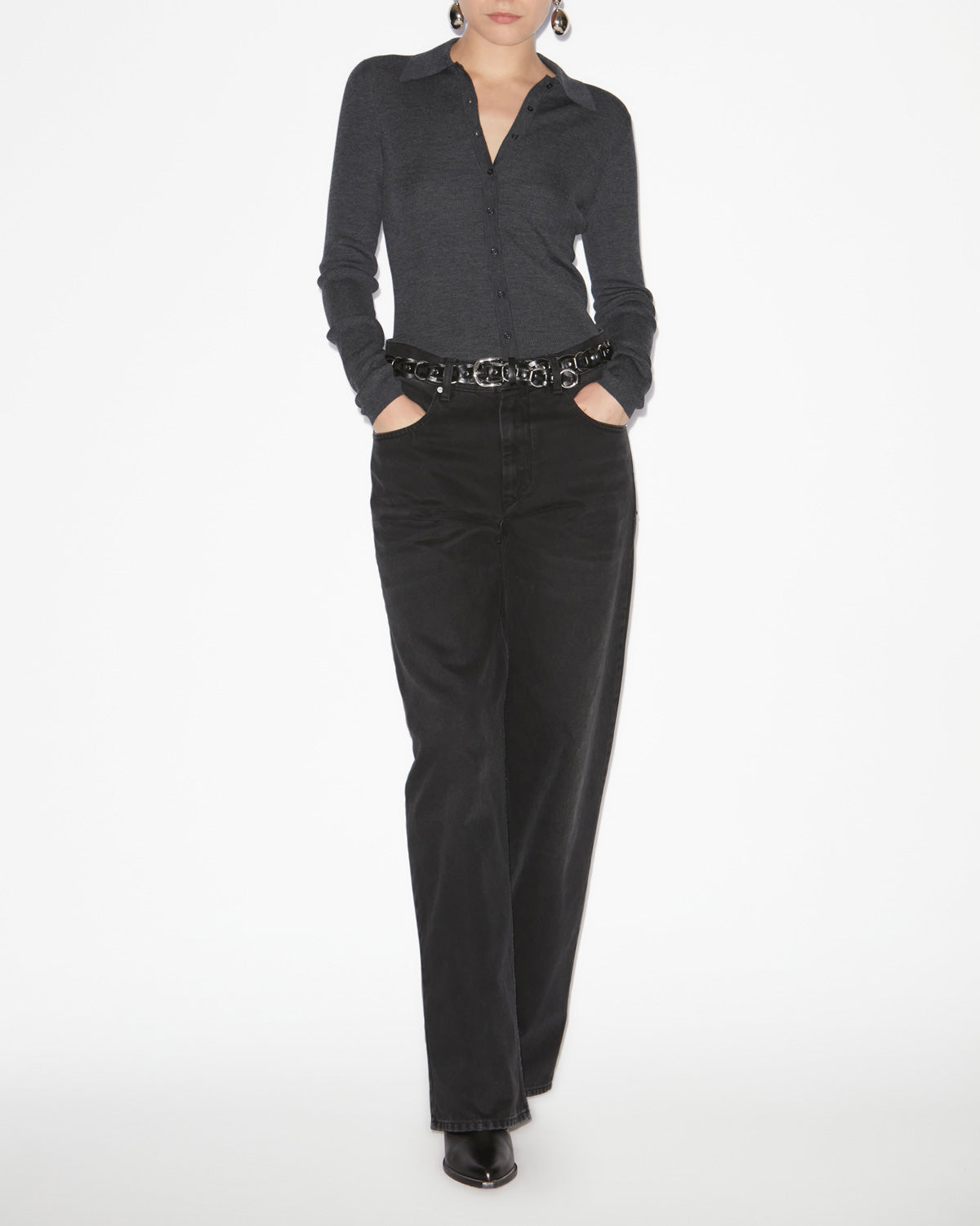 Maglione elvira in lana merino con bottoni e collo a camicia - Anthracite - Woman - 1