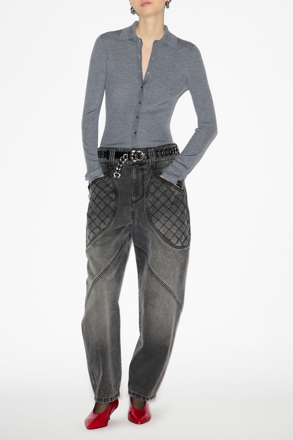 Elvira buttoned merinos wool shirt collar sweater - Medium gray - Woman - 2