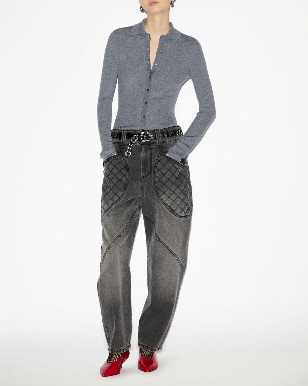 Elvira buttoned merinos wool shirt collar sweater - Medium gray - Woman - 1