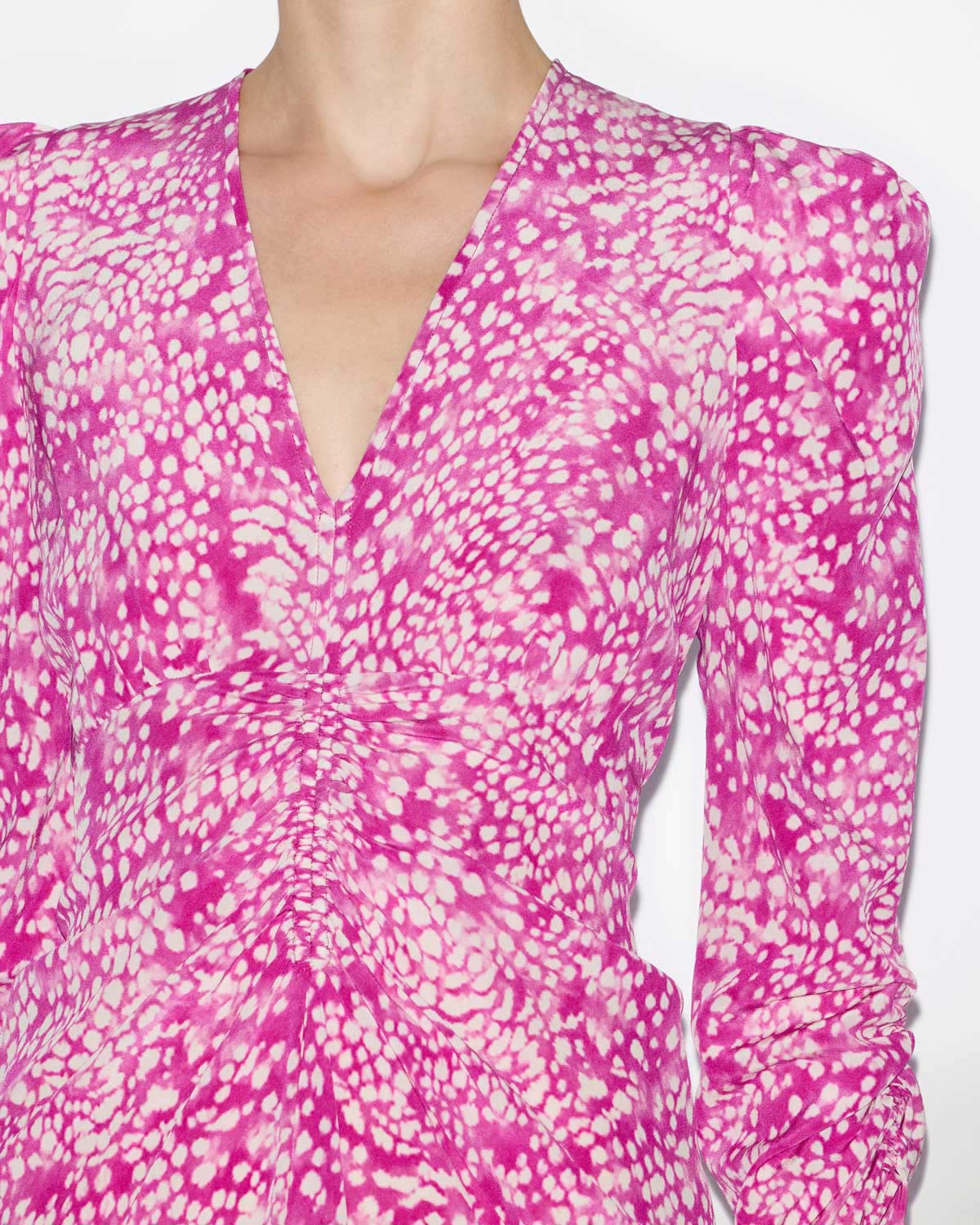 알비니(albini) 멜란지 실크 개더 주름 미디 기장 드레스 - Fuchsia-white - Woman - 2