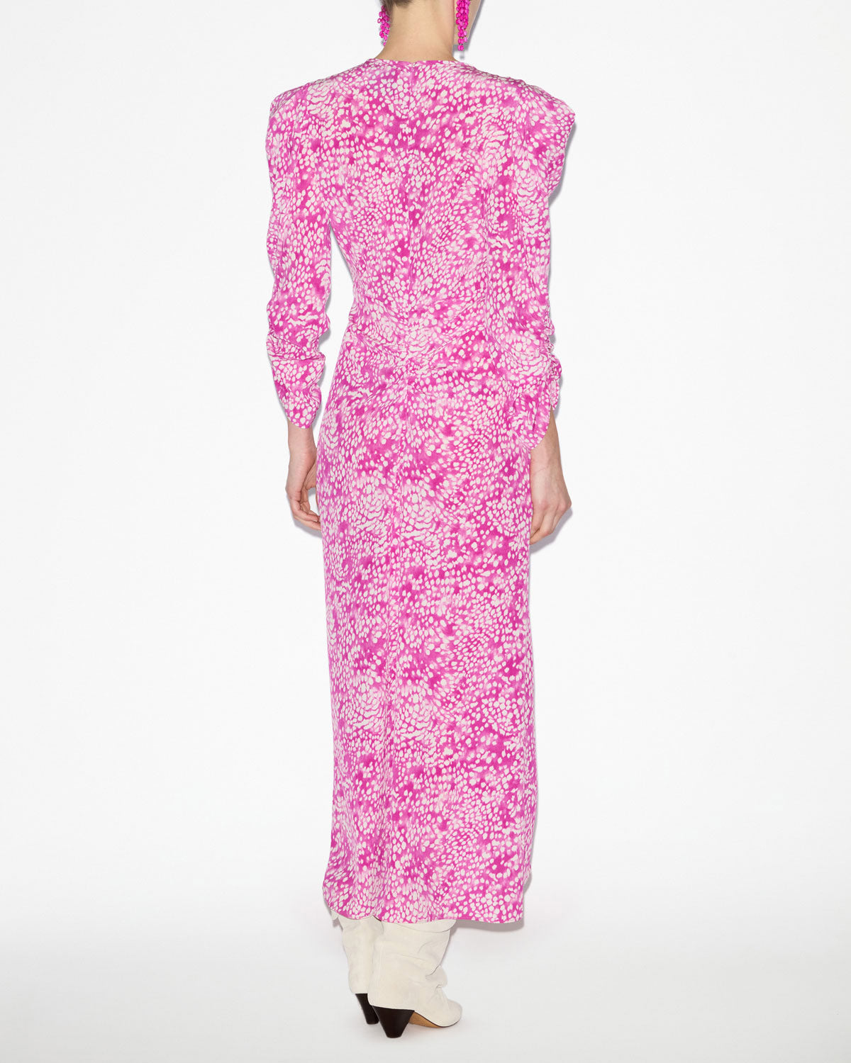 알비니(albini) 멜란지 실크 개더 주름 미디 기장 드레스 - Fuchsia-white - Woman - 3